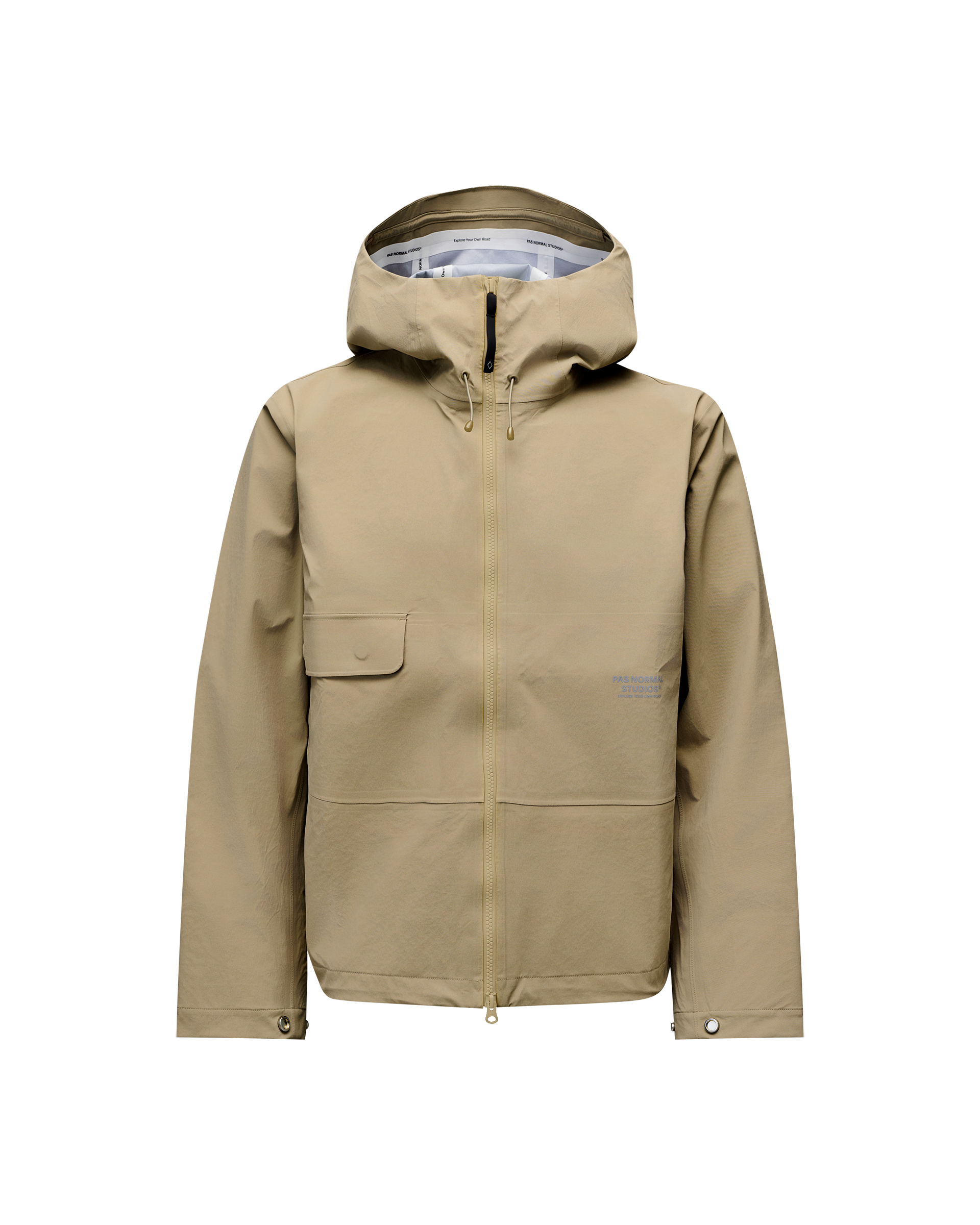 Dusty Earth khaki Off-Race 3L Shell jacket, front flat lay with full zip, storm hood, and chest pocket flap