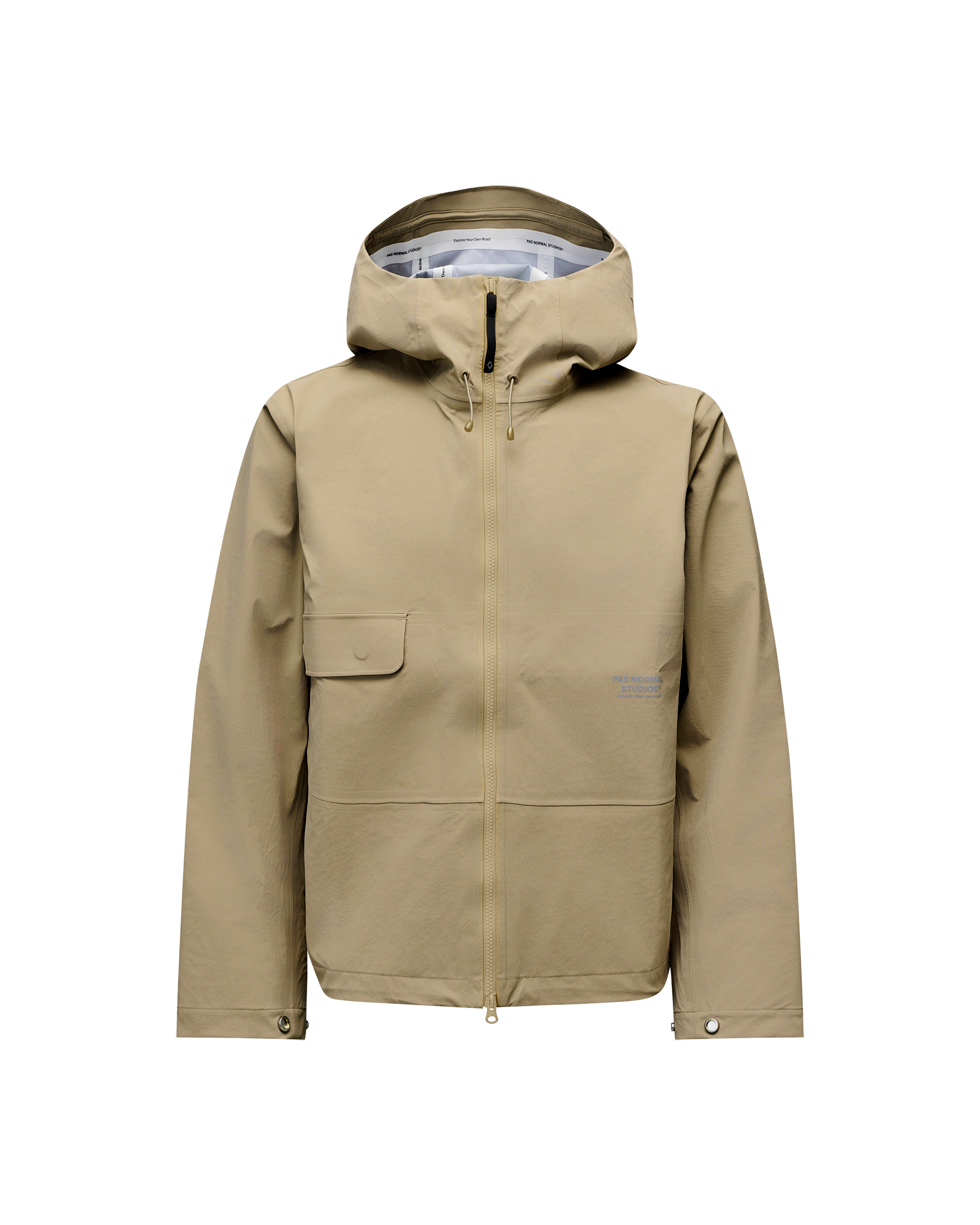 Dusty Earth khaki Off-Race 3L Shell jacket, front flat lay with full zip, storm hood, and chest pocket flap