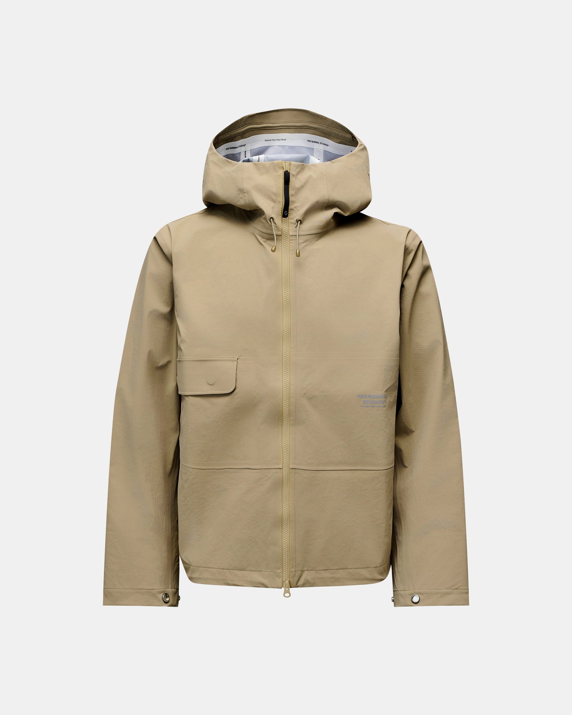 Dusty Earth khaki Off-Race 3L Shell jacket, front flat lay with full zip, storm hood, and chest pocket flap