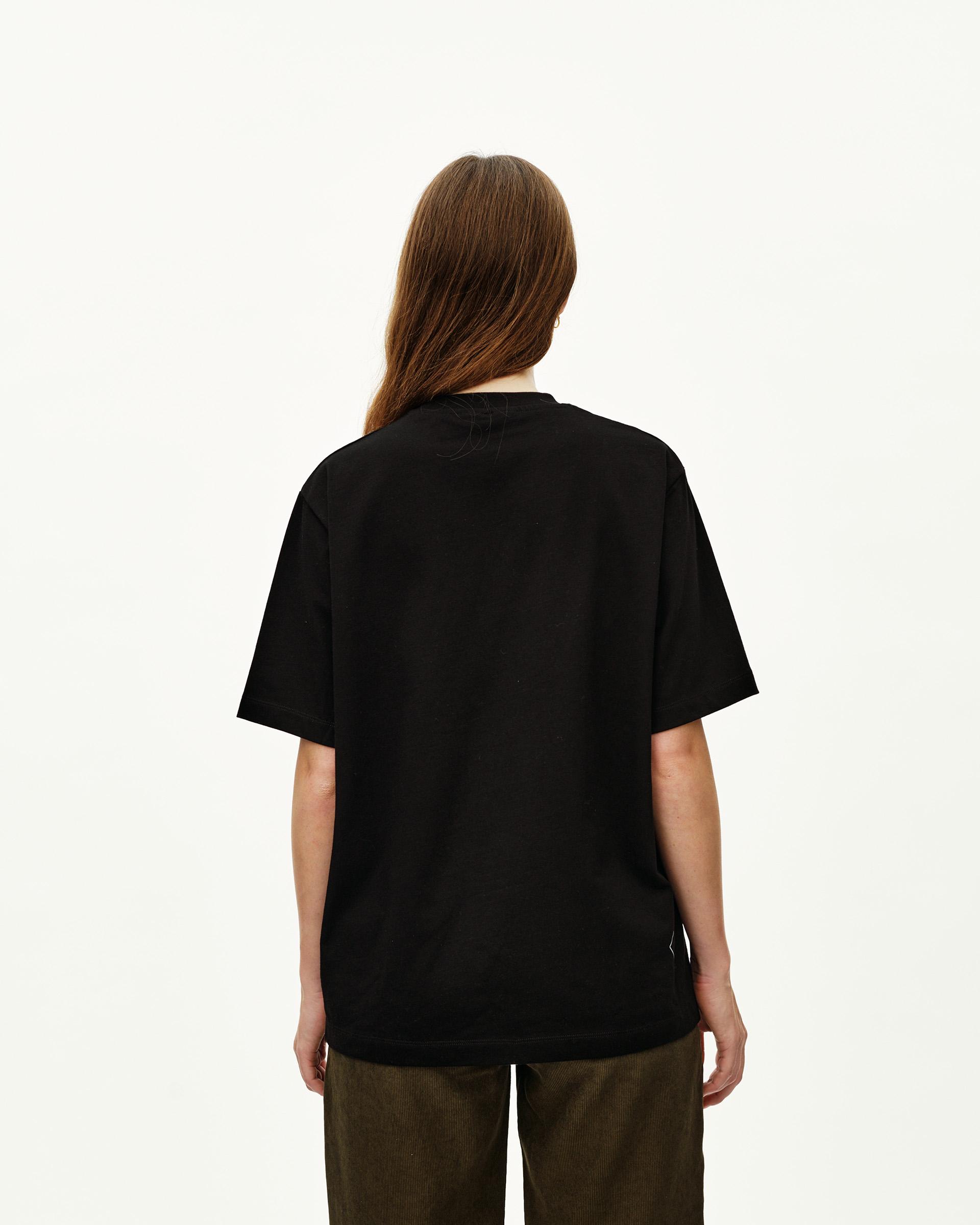 Black Off-Race Graphic T-shirt, rear view on model with small logo at hem