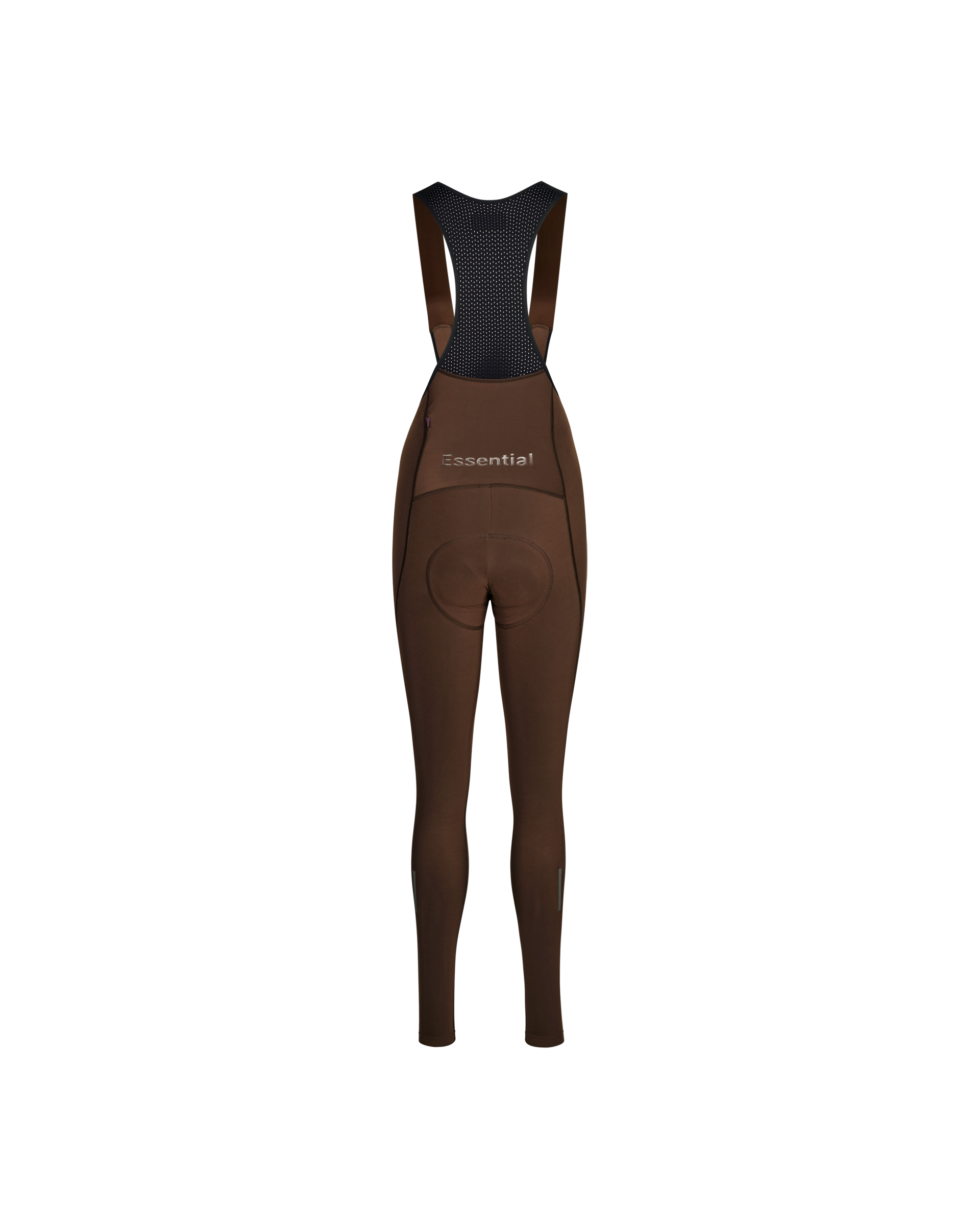 Light Brown Essential Thermal Long cycling bibs, rear flat lay with mesh bib straps