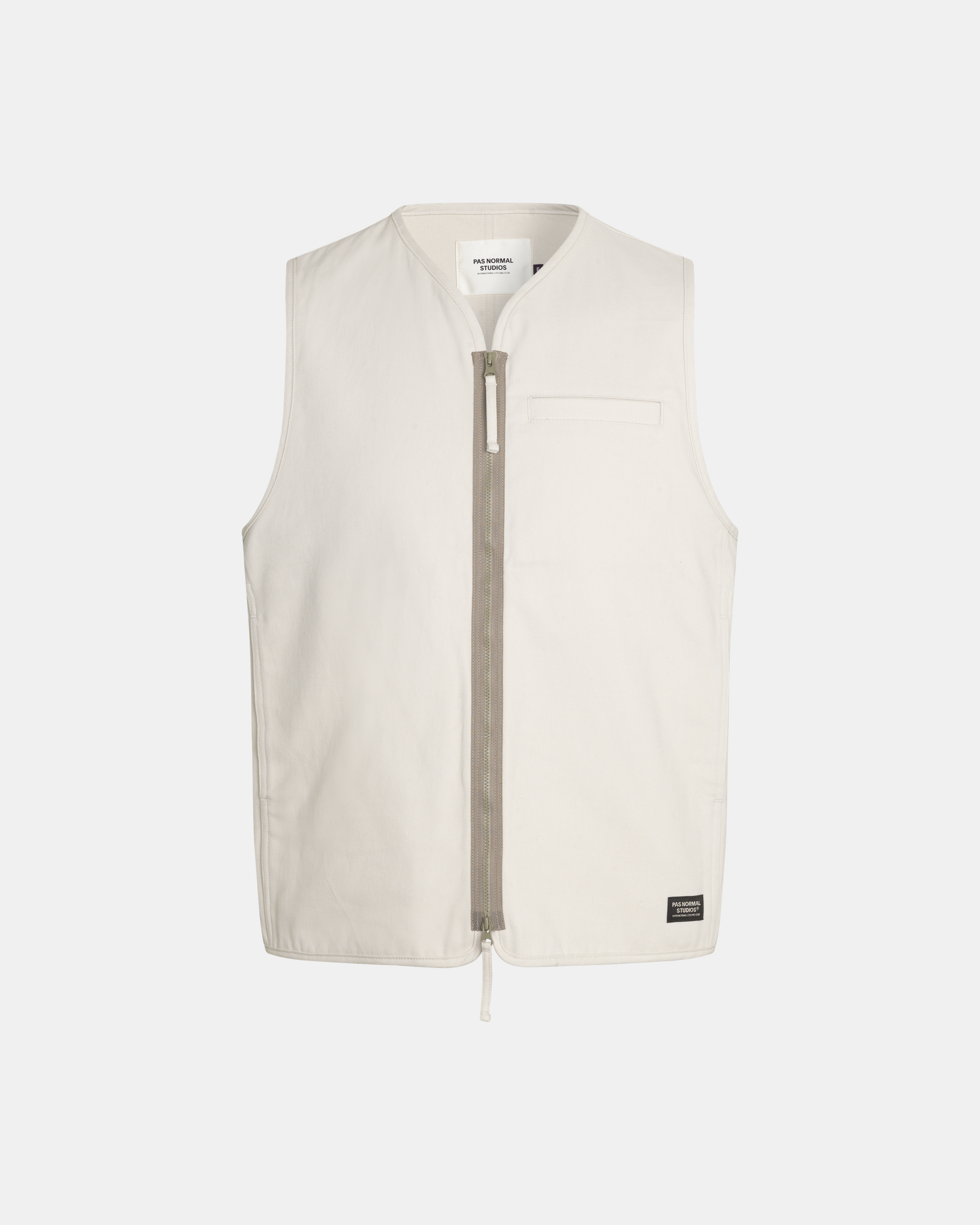 Limestone Off-Race Cotton Twill vest, front flat lay with full zip and chest pocket