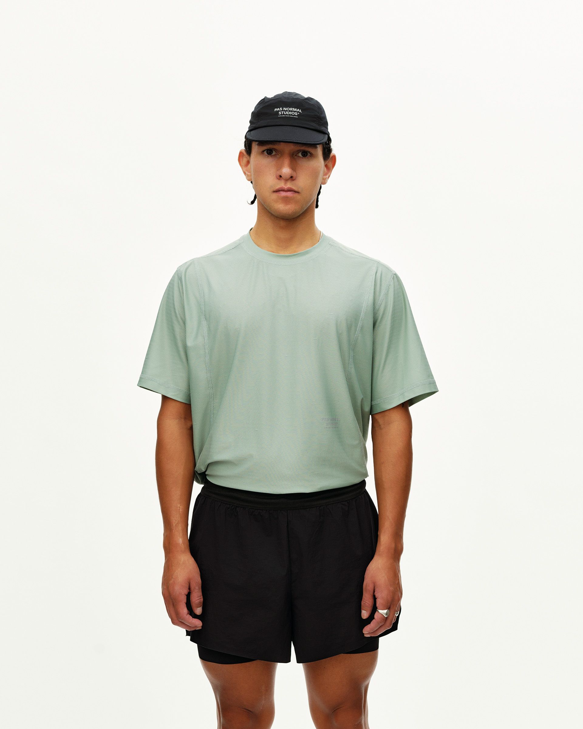 Black Balance 2-in-1 shorts on model, front view with layered mesh inner