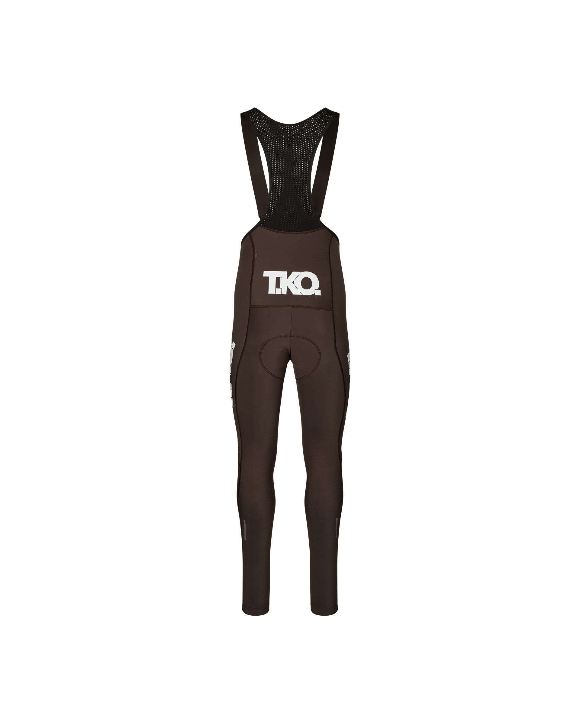 Dark Purple T.K.O. Essential Thermal Long cycling bibs, rear flat lay with white logo print and mesh bib panel