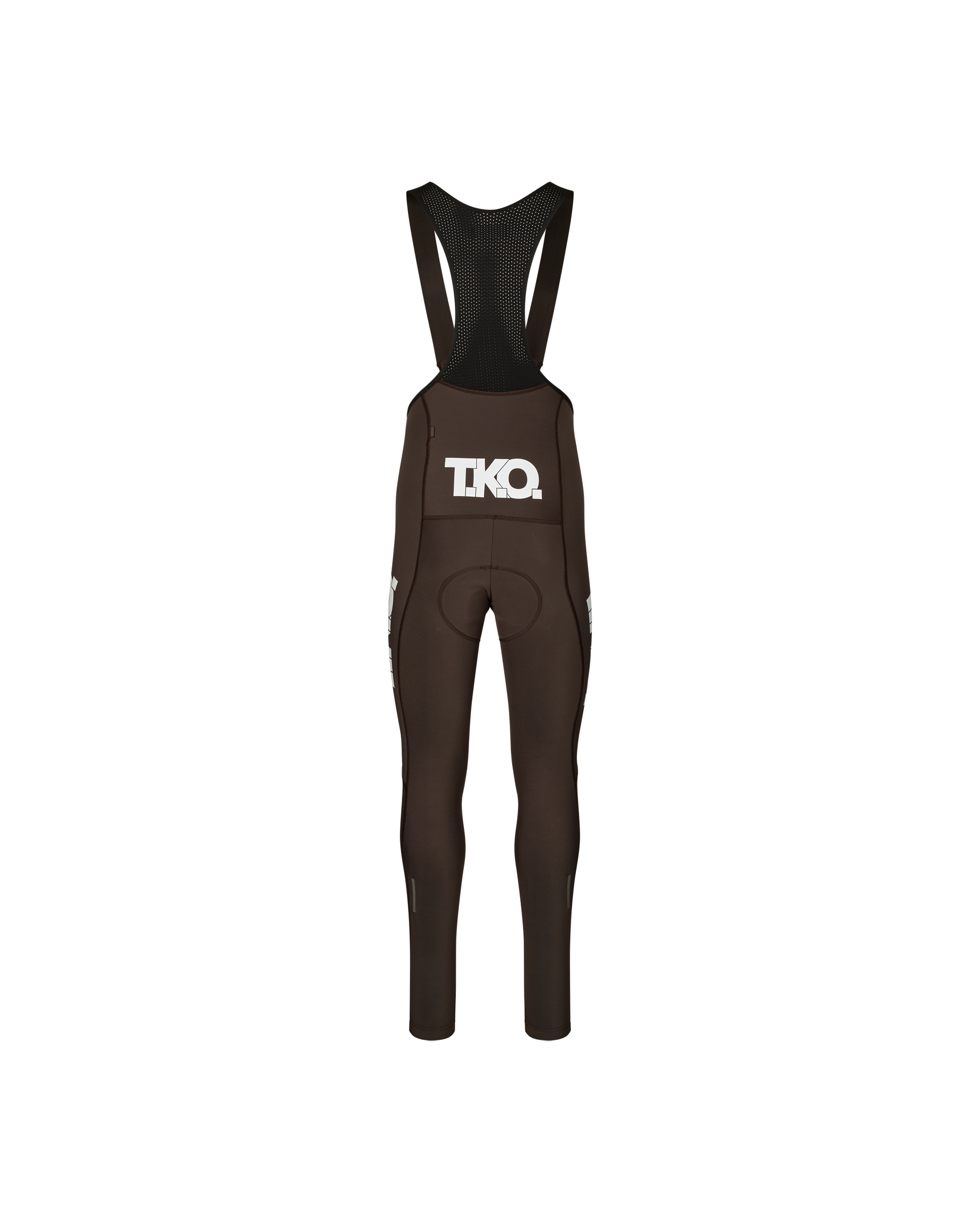 Dark Purple T.K.O. Essential Thermal Long cycling bibs, rear flat lay with white logo print and mesh bib panel
