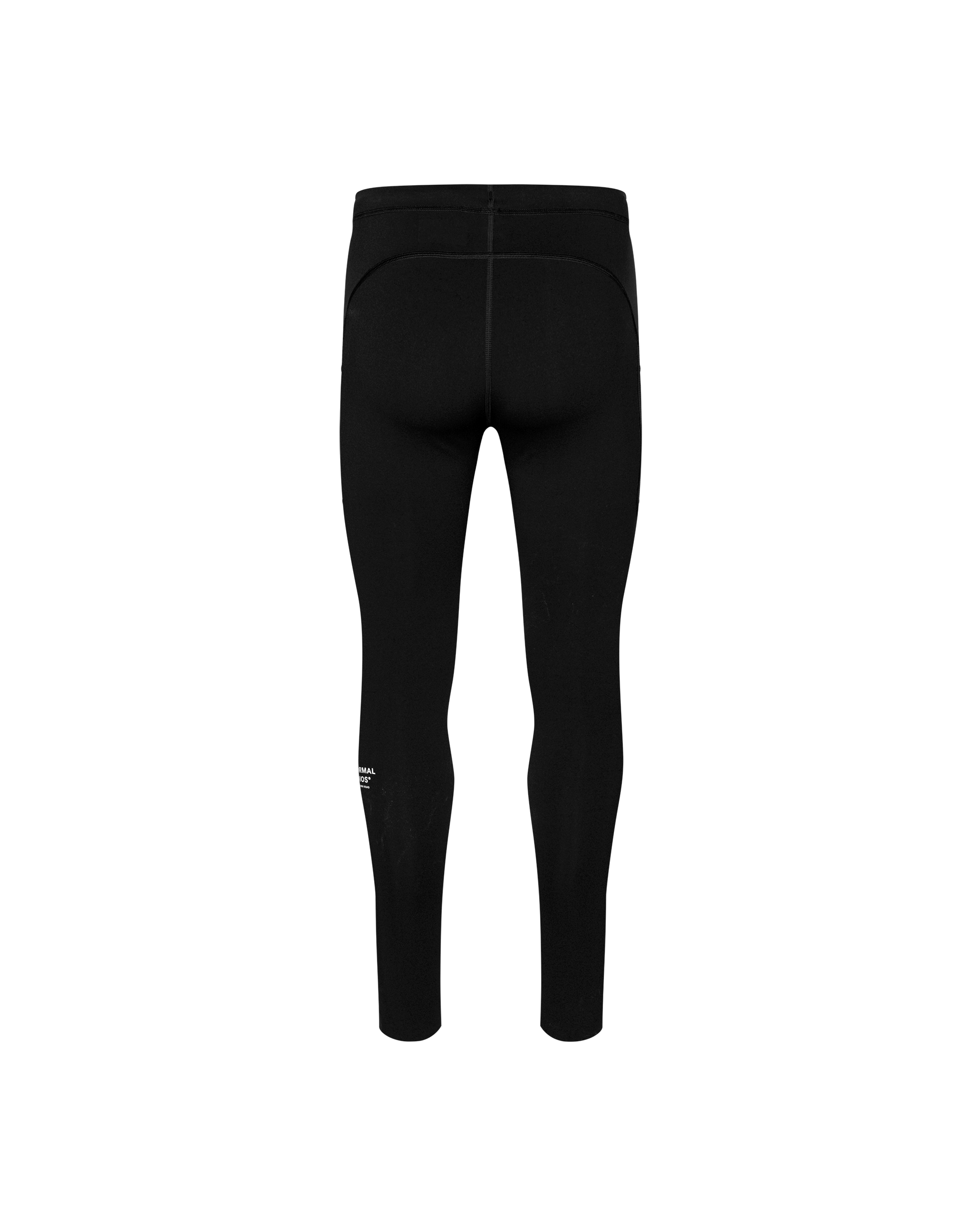 Black Balance long cycling tights, rear view on model with white calf logo print