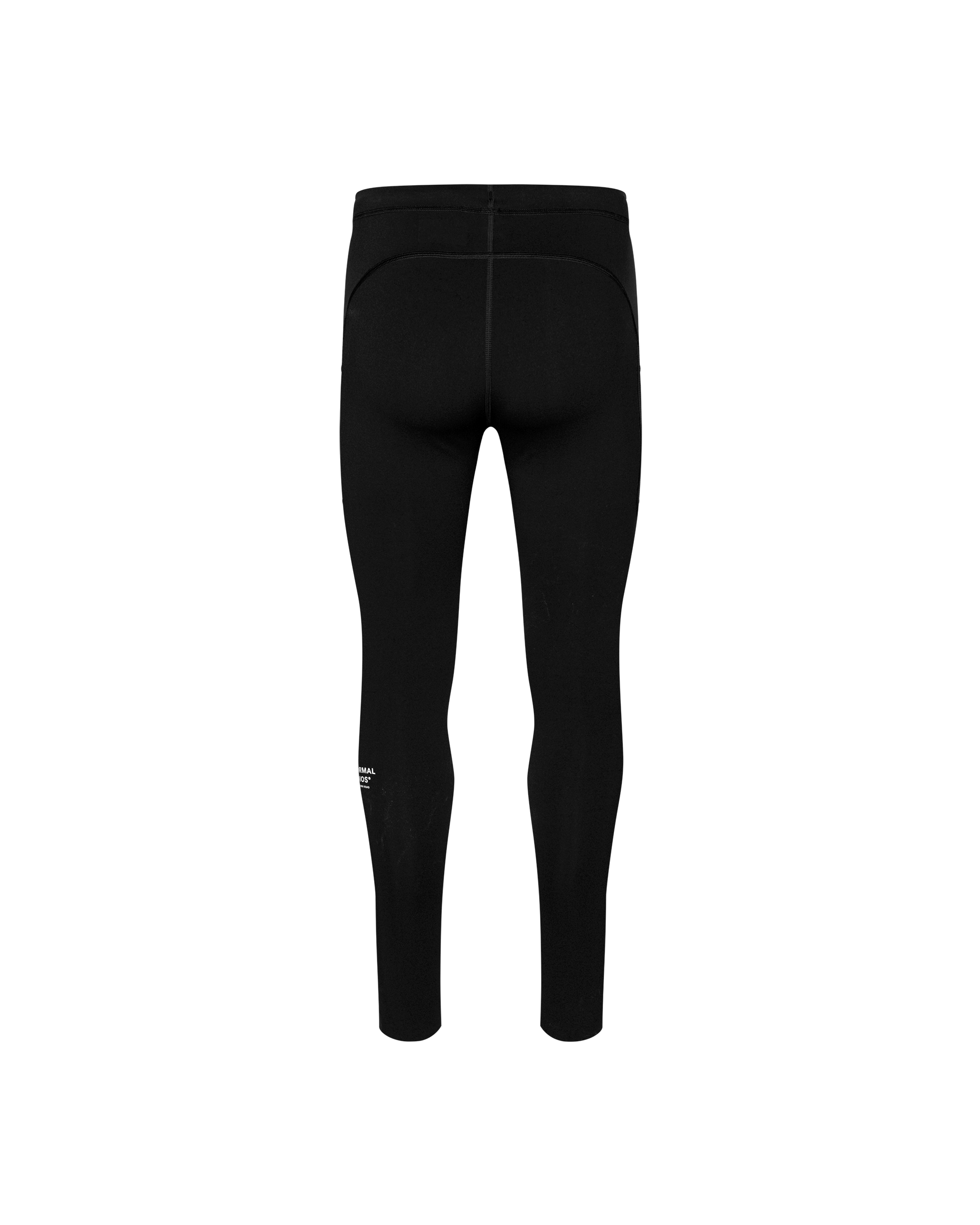 Black Balance long cycling tights, rear view on model with white calf logo print