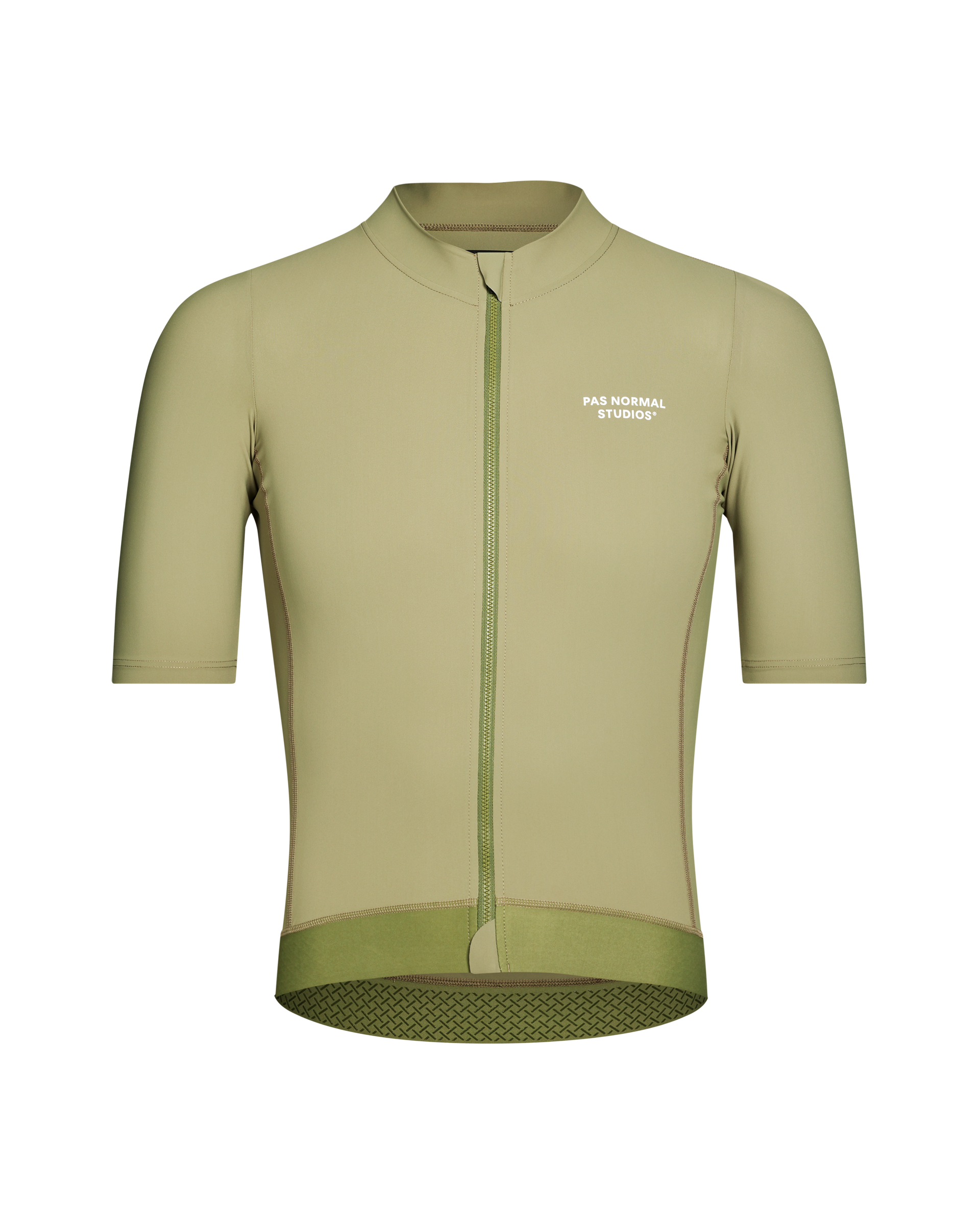 Light Olive Essential cycling jersey, front view with full zip and white chest logo