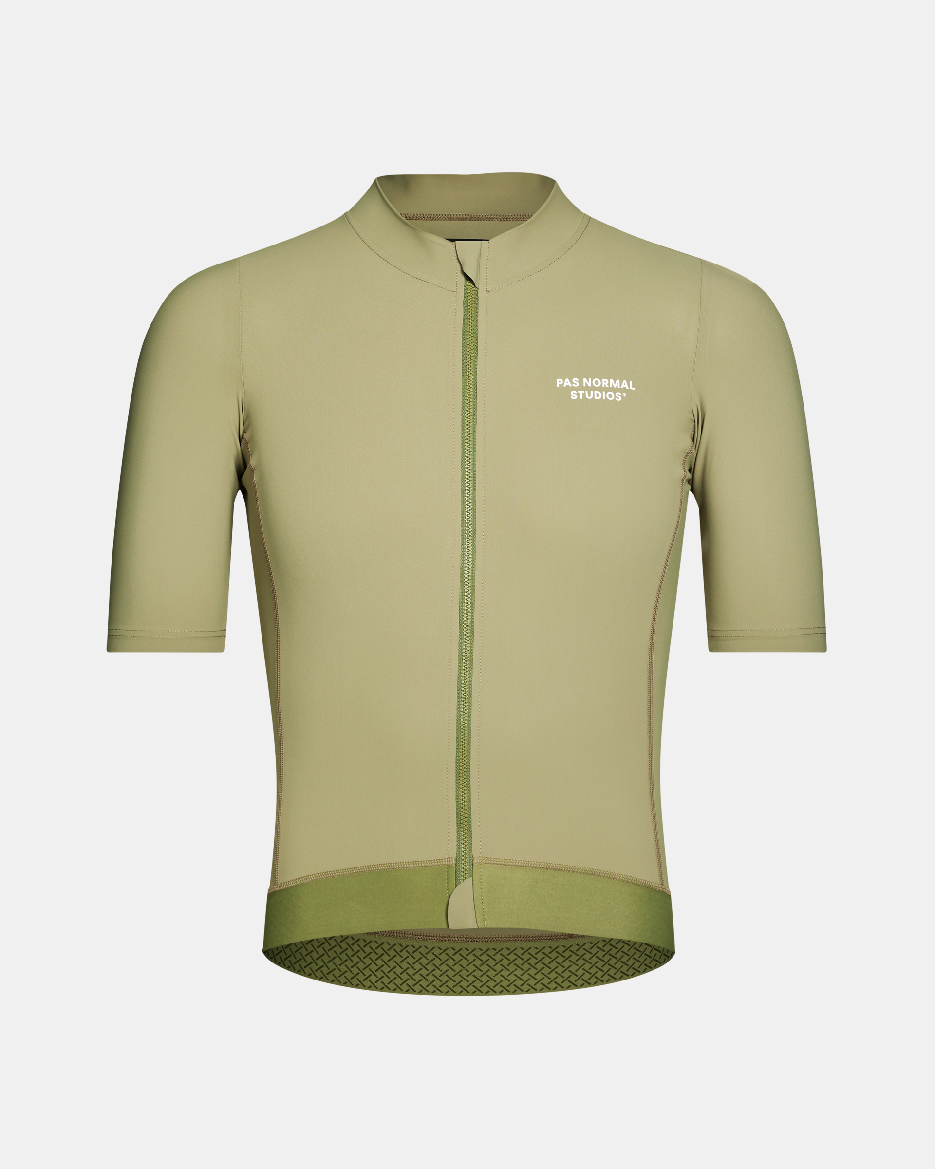 Light Olive Essential cycling jersey, front view with full zip and white chest logo