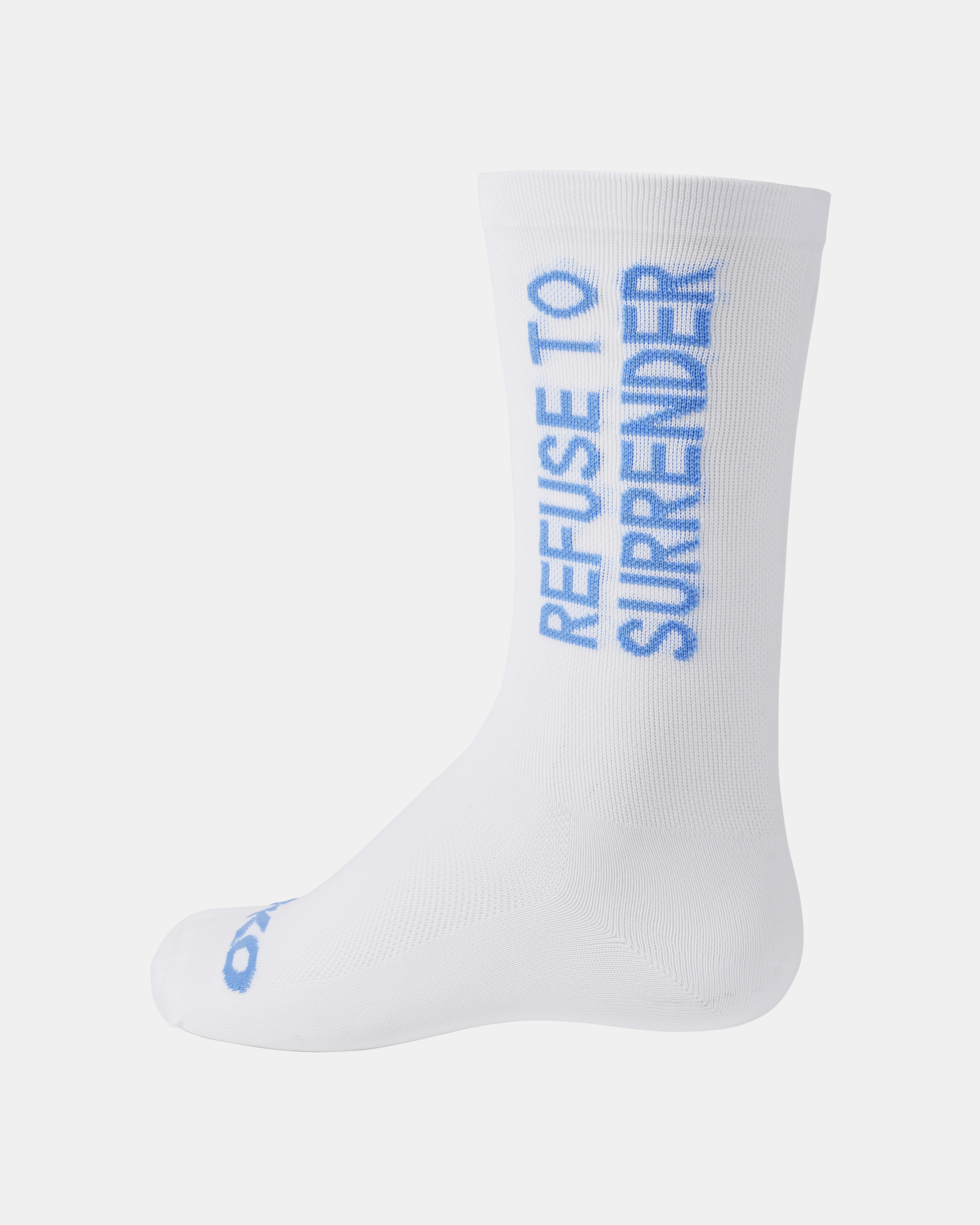 White T.K.O. Mechanism cycling socks, side view with blue Refuse To Surrender text print