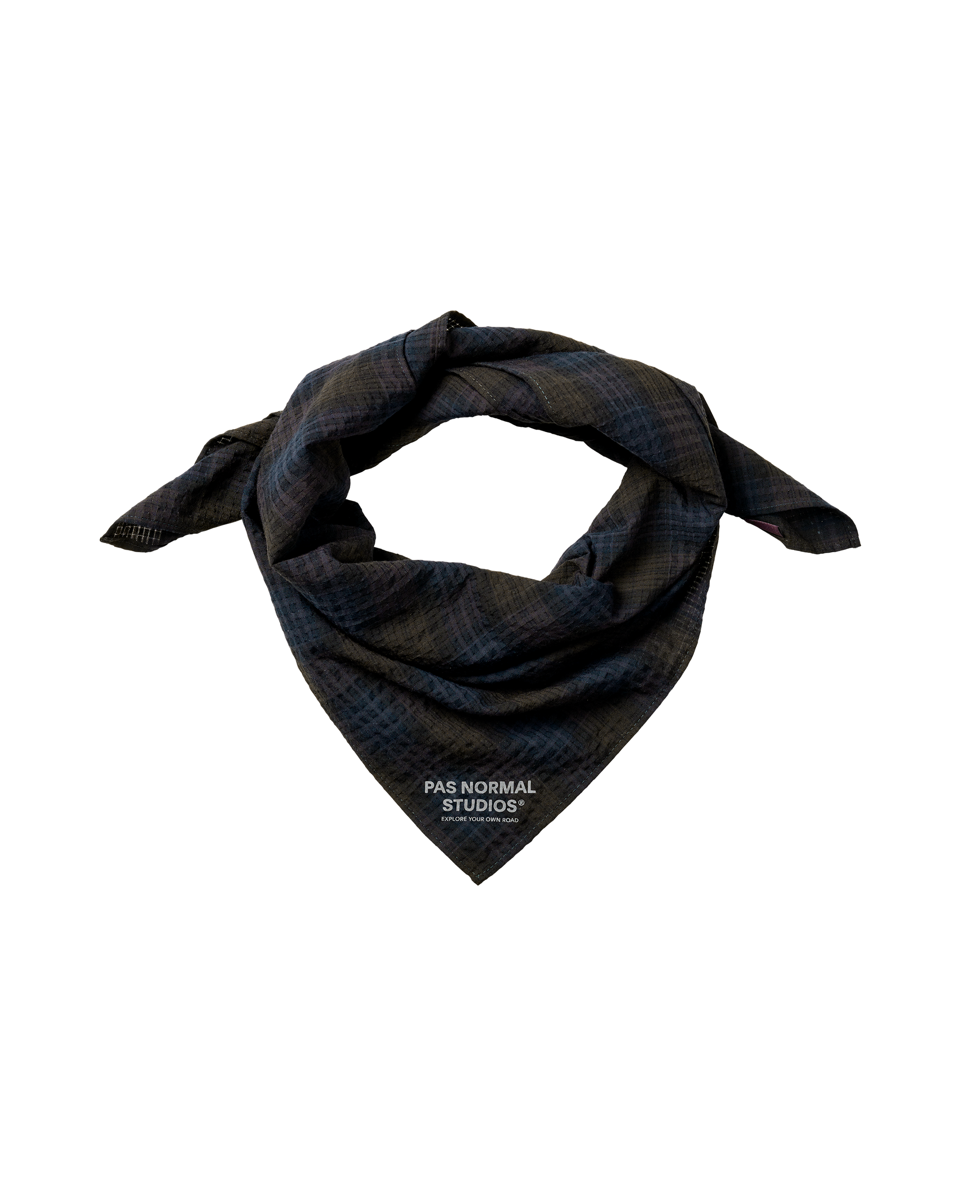 Dark Navy Off-Race Seersucker bandana, folded and twisted showing textured fabric and branded front print