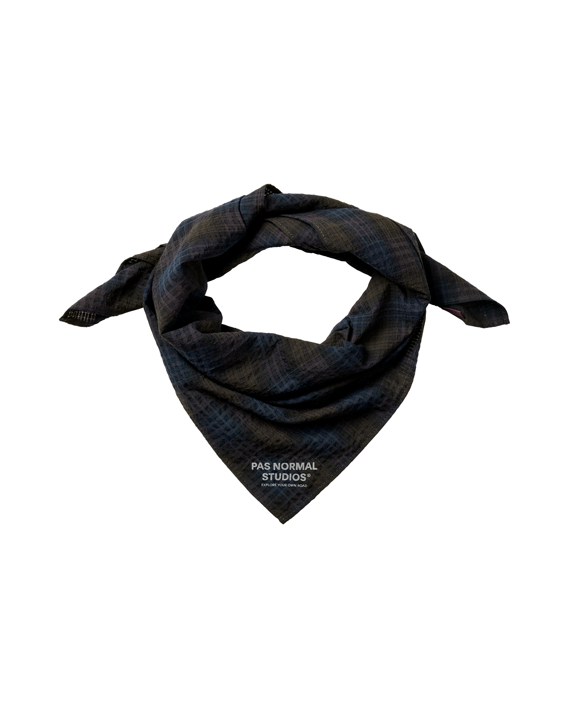 Dark Navy Off-Race Seersucker bandana, folded and twisted showing textured fabric and branded front print