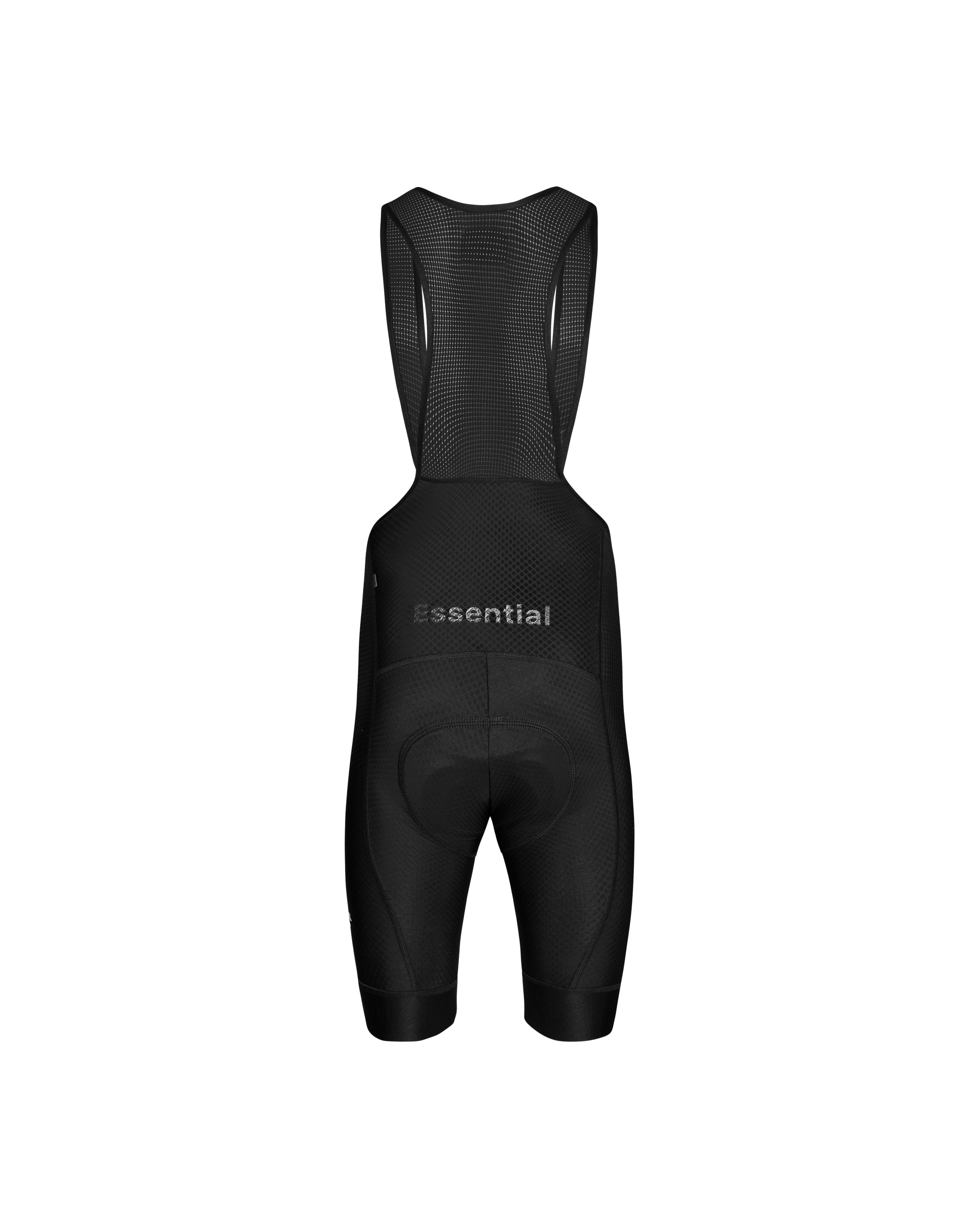 Black Essential cycling bibs, rear flat lay with mesh bib panel and tonal logo print