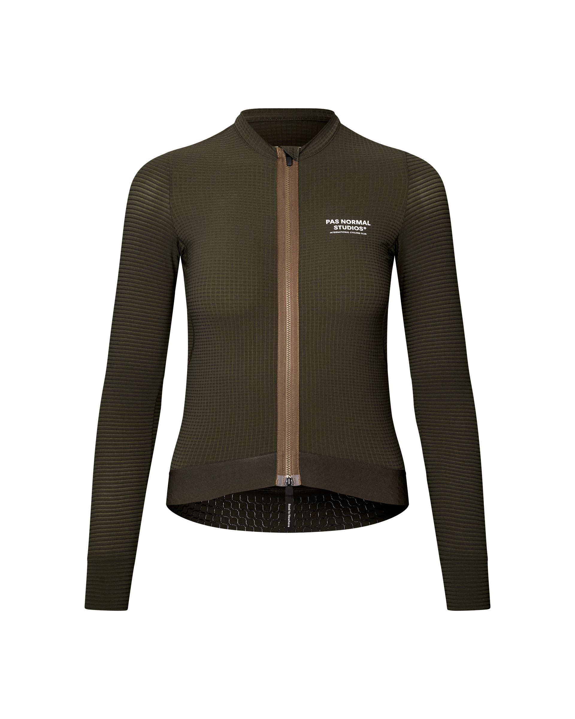 Dark Olive Escapism long sleeve cycling jersey, front flat lay with contrast zip and ribbed sleeves