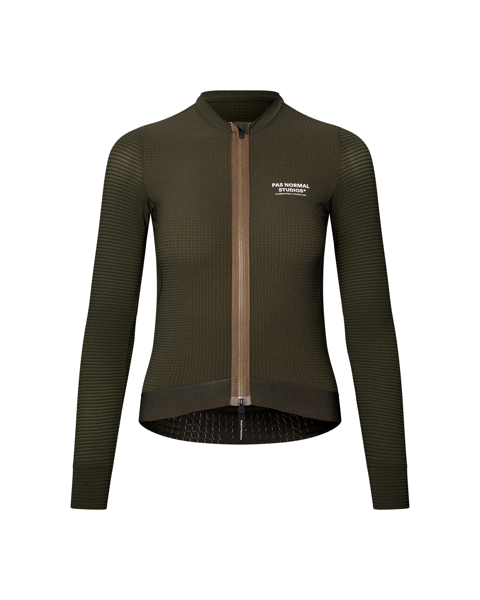 Dark Olive Escapism long sleeve cycling jersey, front flat lay with contrast zip and ribbed sleeves