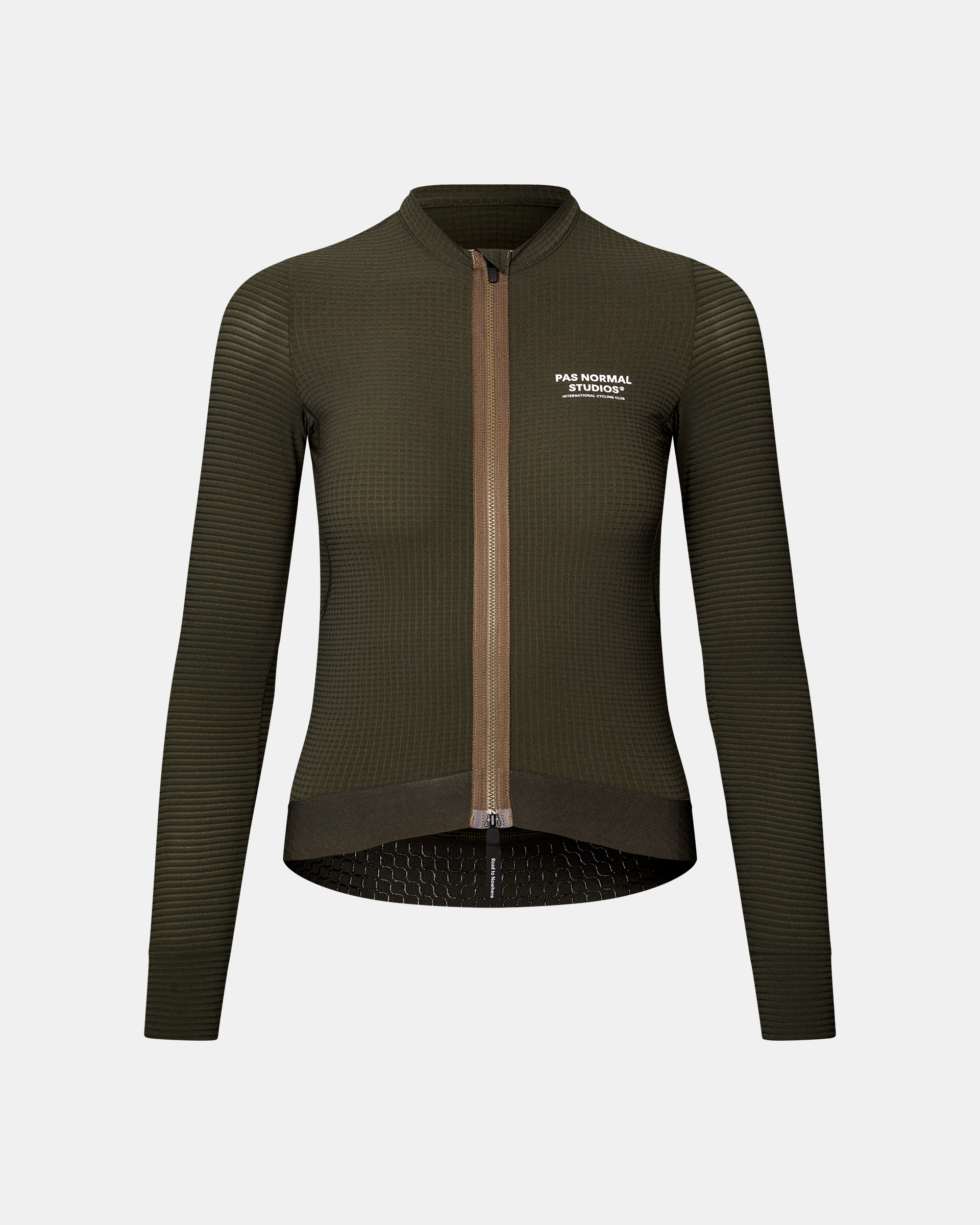 Dark Olive Escapism long sleeve cycling jersey, front flat lay with contrast zip and ribbed sleeves