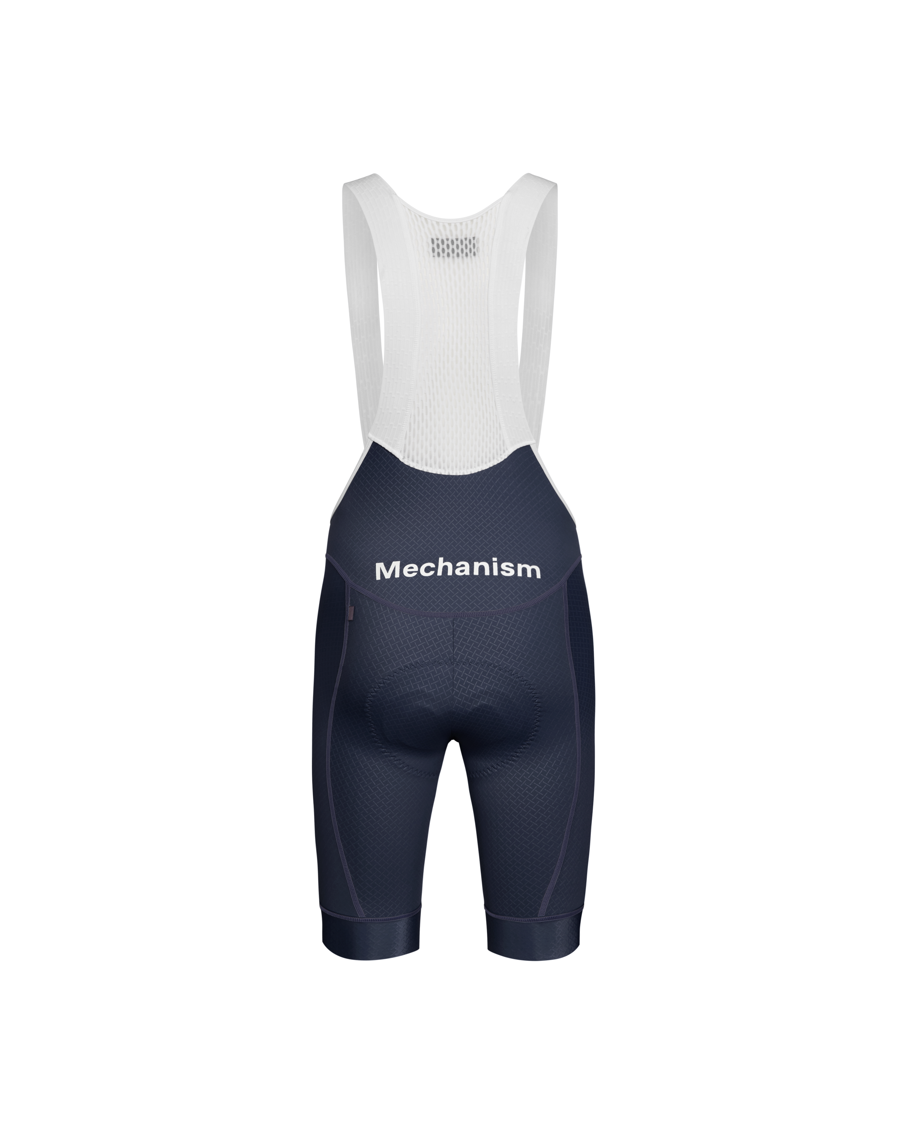 Navy Mechanism bibs, rear flat lay with white mesh bib and branded waistband