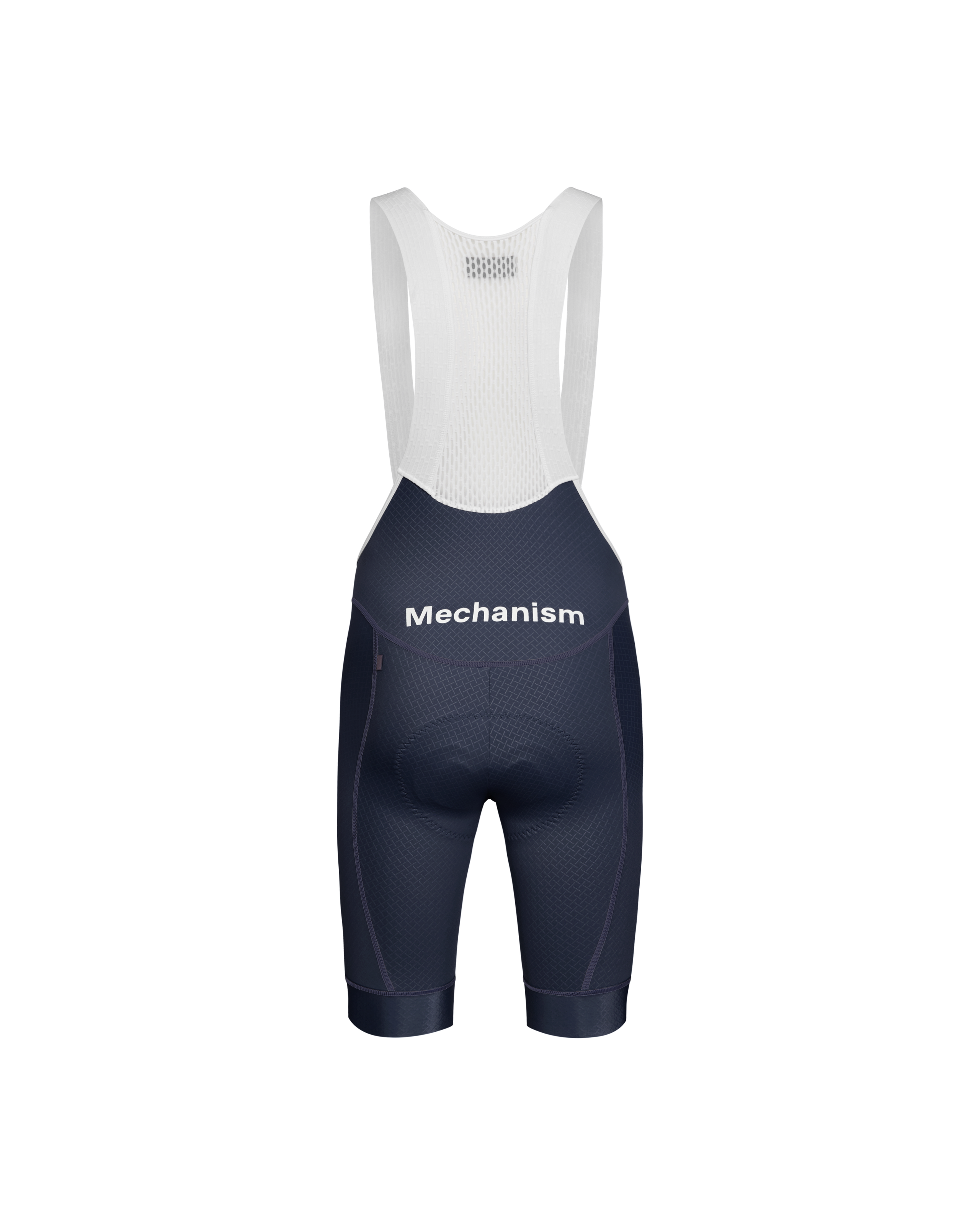 Navy Mechanism bibs, rear flat lay with white mesh bib and branded waistband