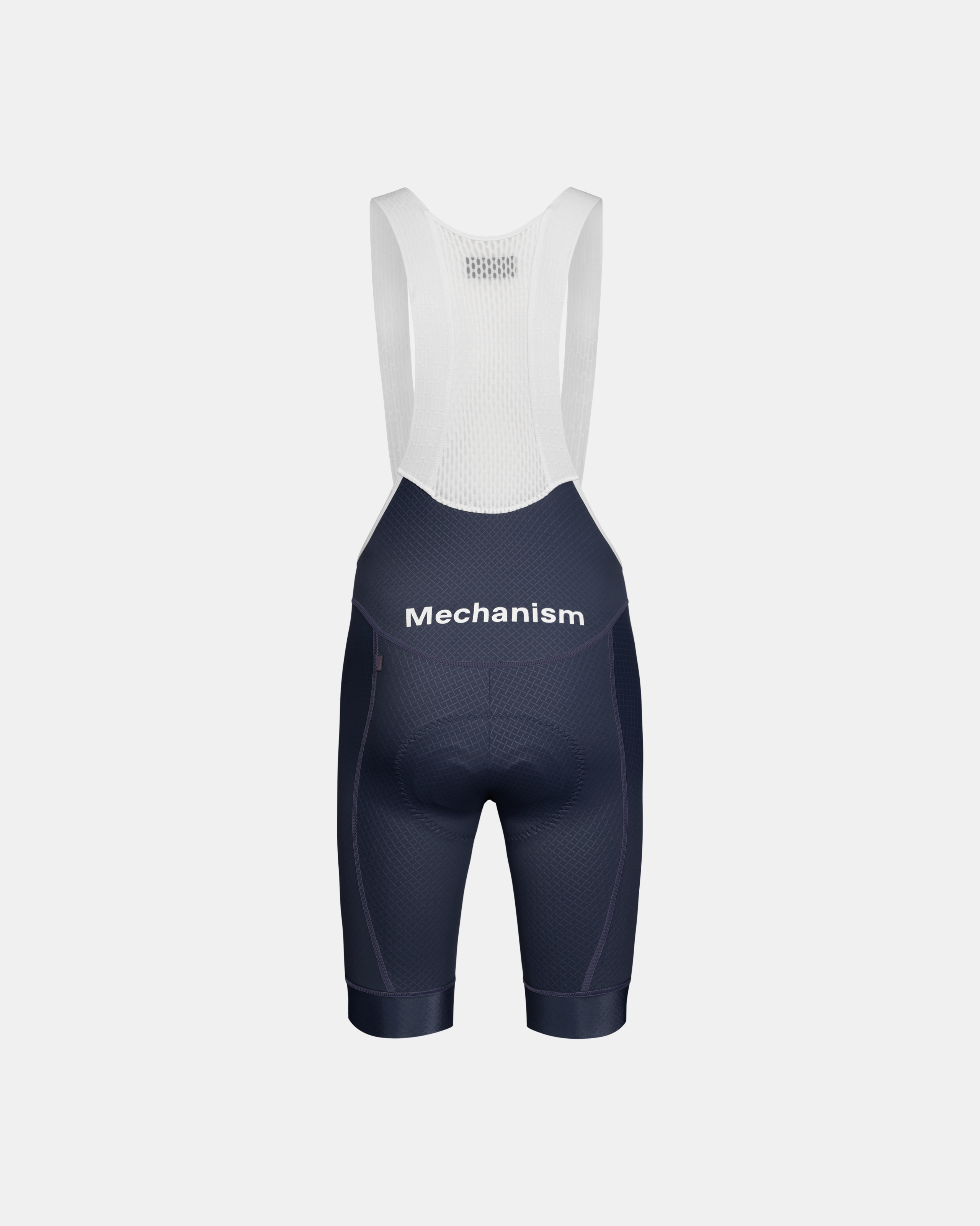 Navy Mechanism bibs, rear flat lay with white mesh bib and branded waistband