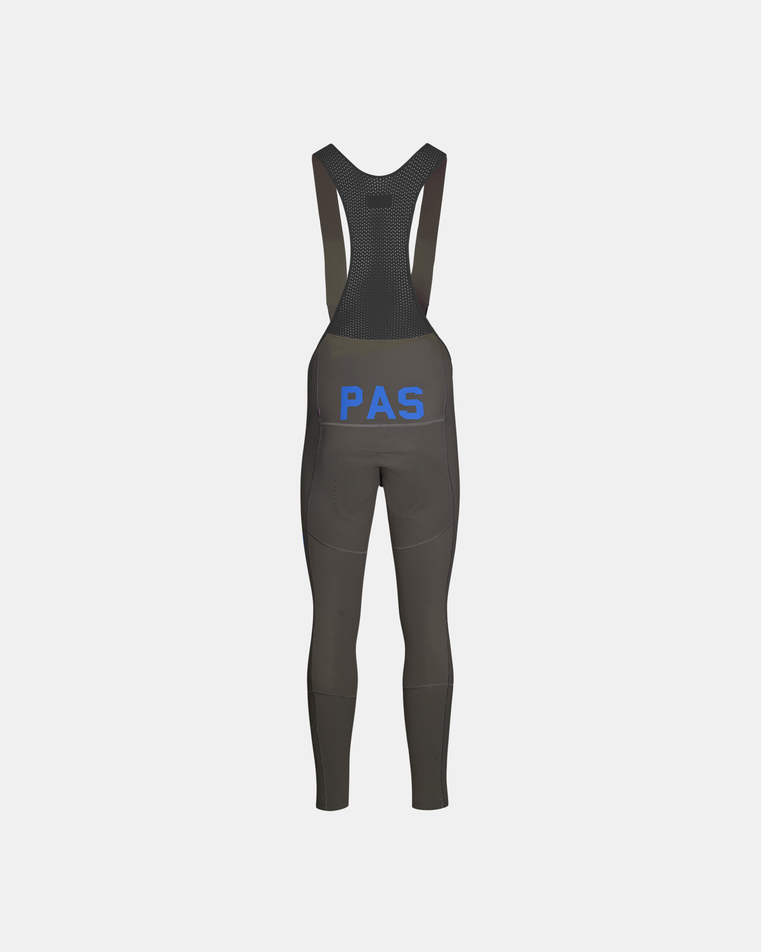 Dark Olive PAS Mechanism Deep Winter Long cycling bibs, front flat lay with mesh bib straps