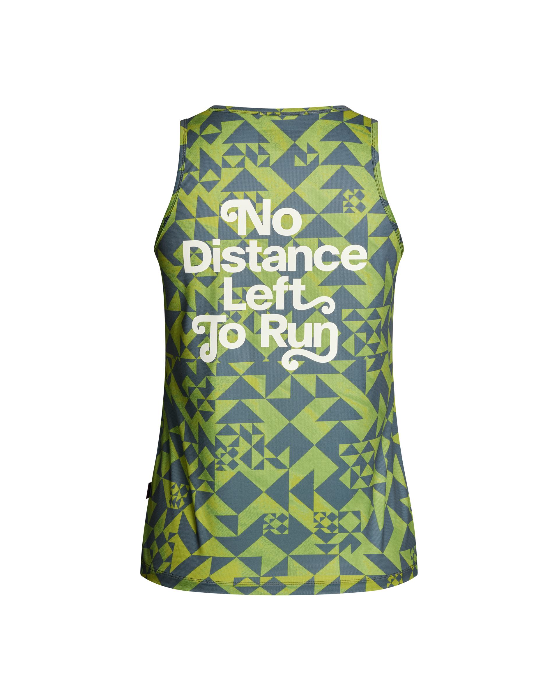 Green Balance singlet, rear view with geometric print and white text