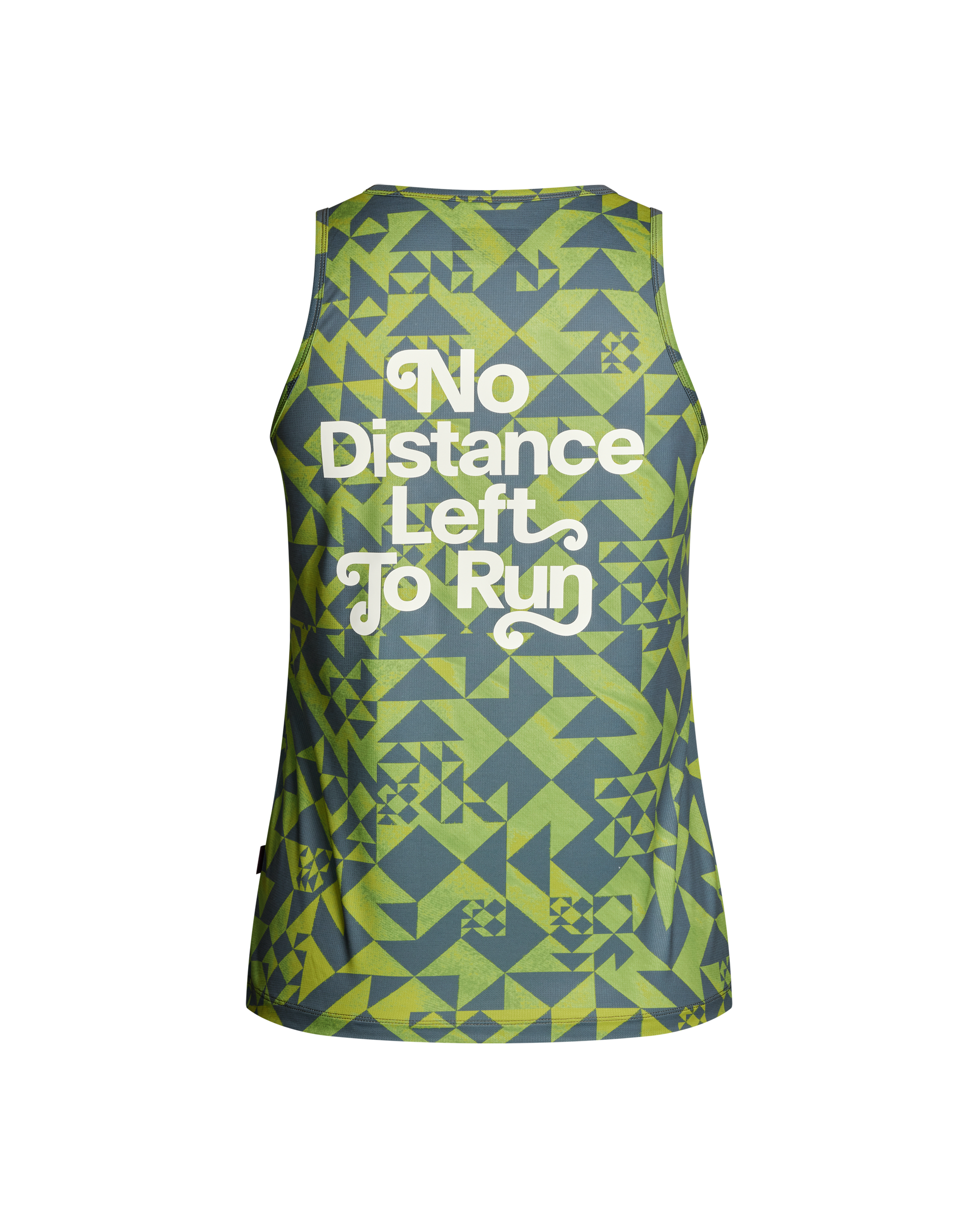 Green Balance singlet, rear view with geometric print and white text