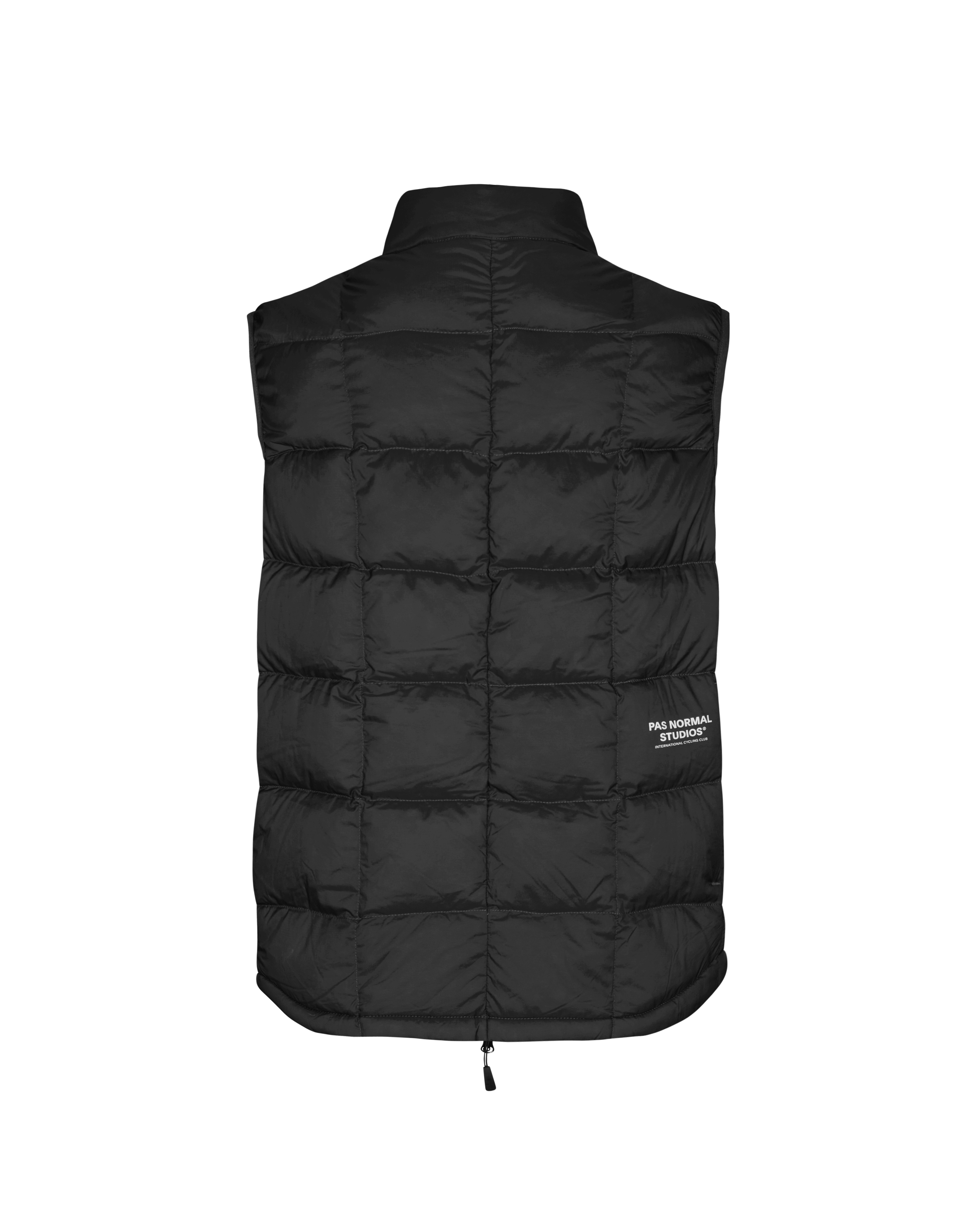 Black Off-Race Down Vest, rear flat lay with box quilting and small logo patch