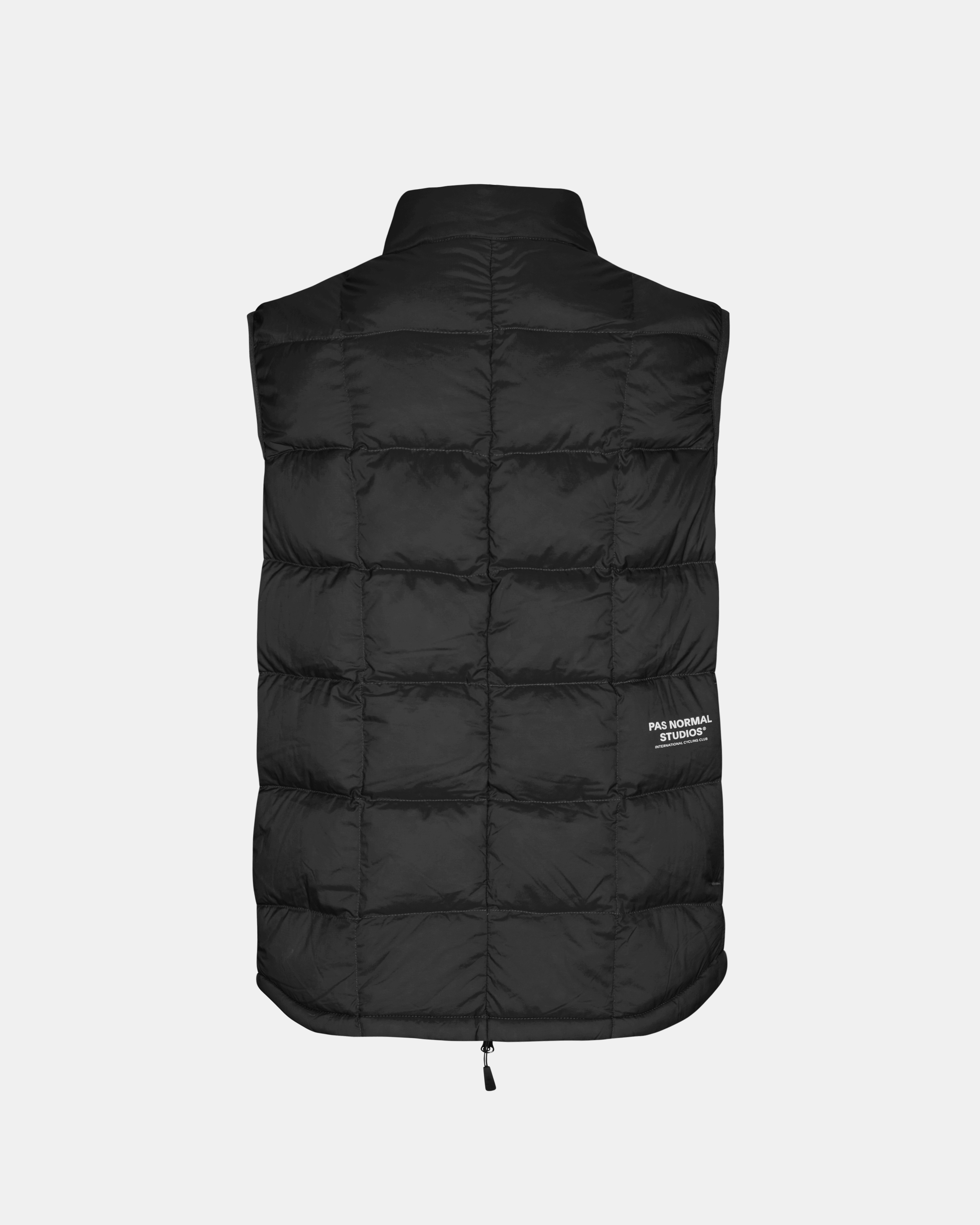 Black Off-Race Down Vest, rear flat lay with box quilting and small logo patch