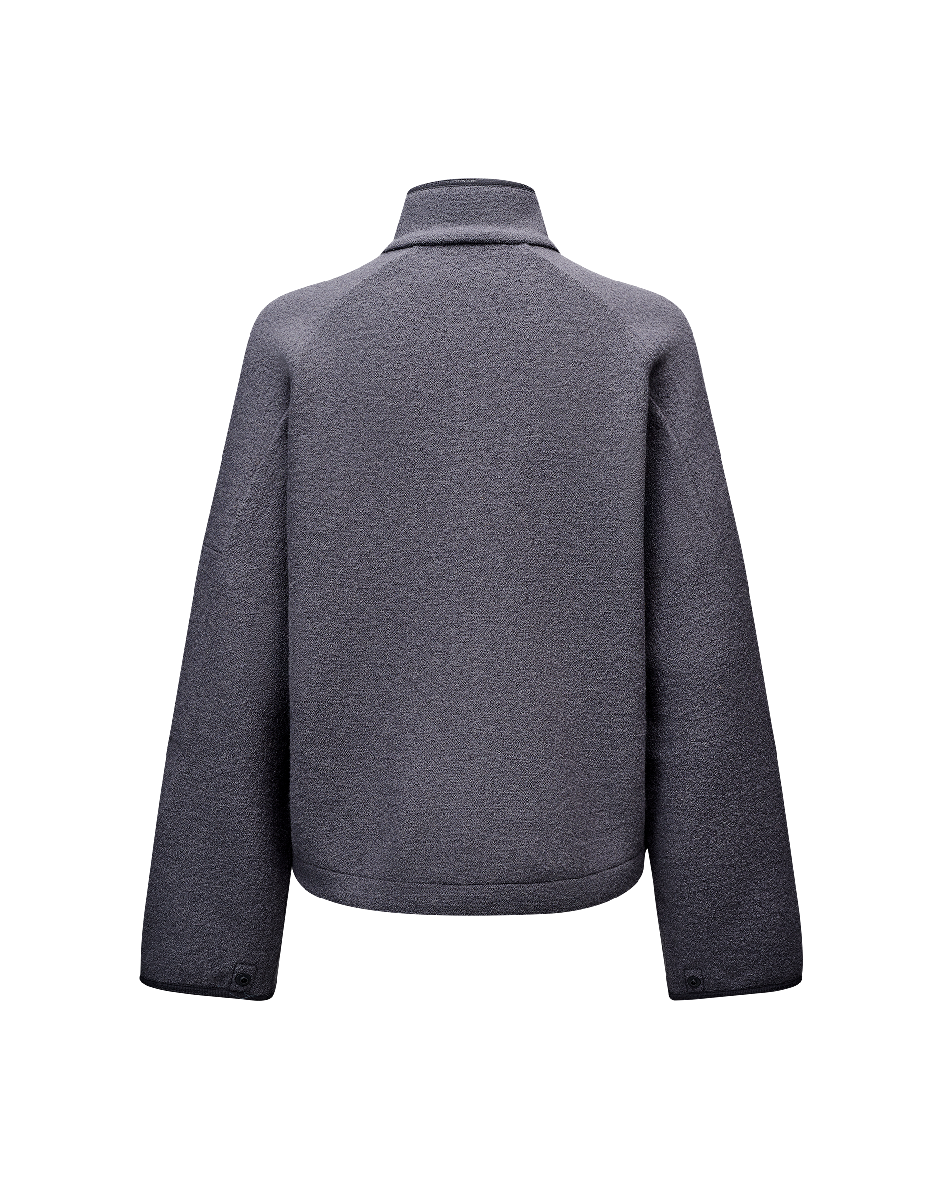 Steel grey Off-Race Boiled Wool jacket, rear flat lay with snap buttons at cuffs and stand collar