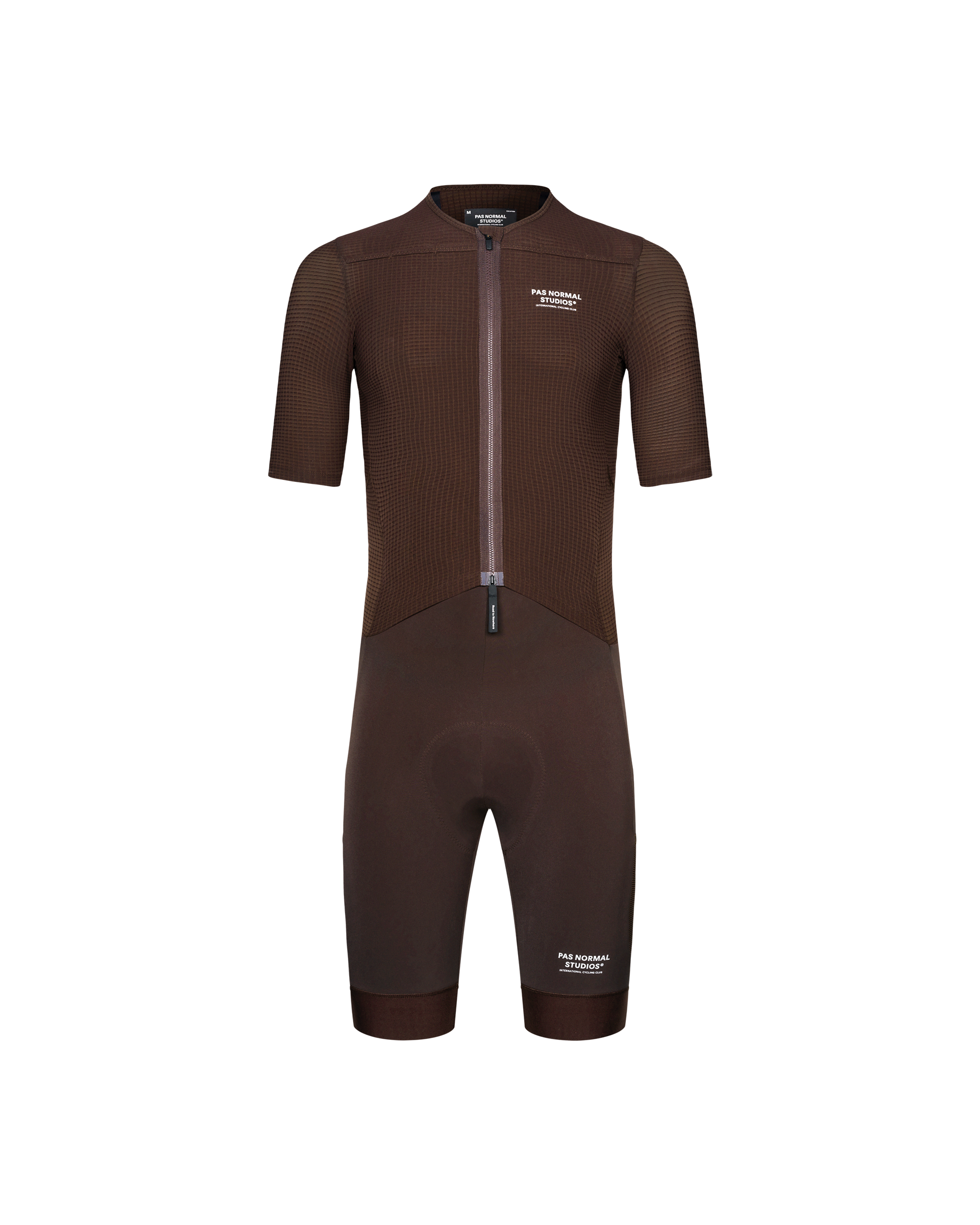 Dark Red Escapism speedsuit, front view with textured jersey upper and smooth shorts