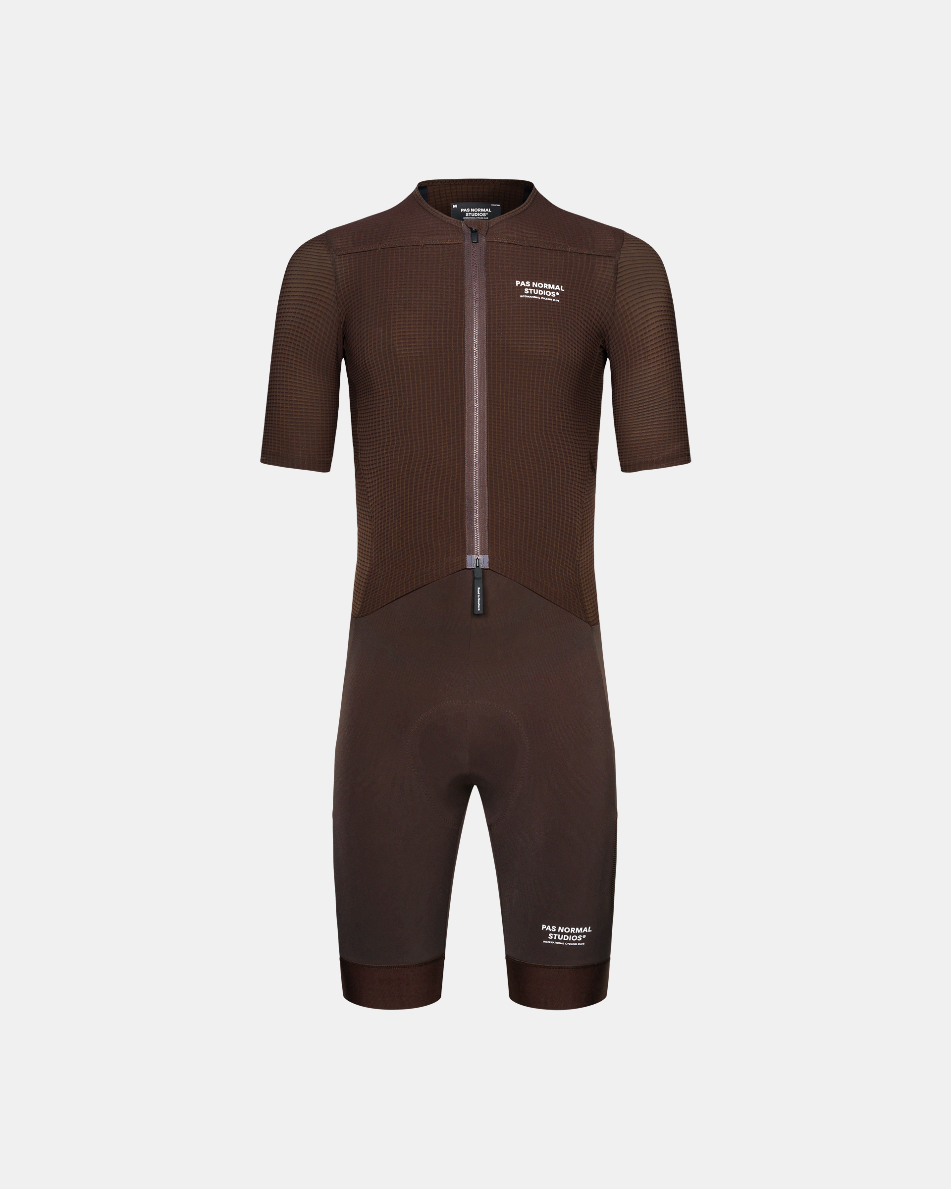 Dark Red Escapism speedsuit, front view with textured jersey upper and smooth shorts