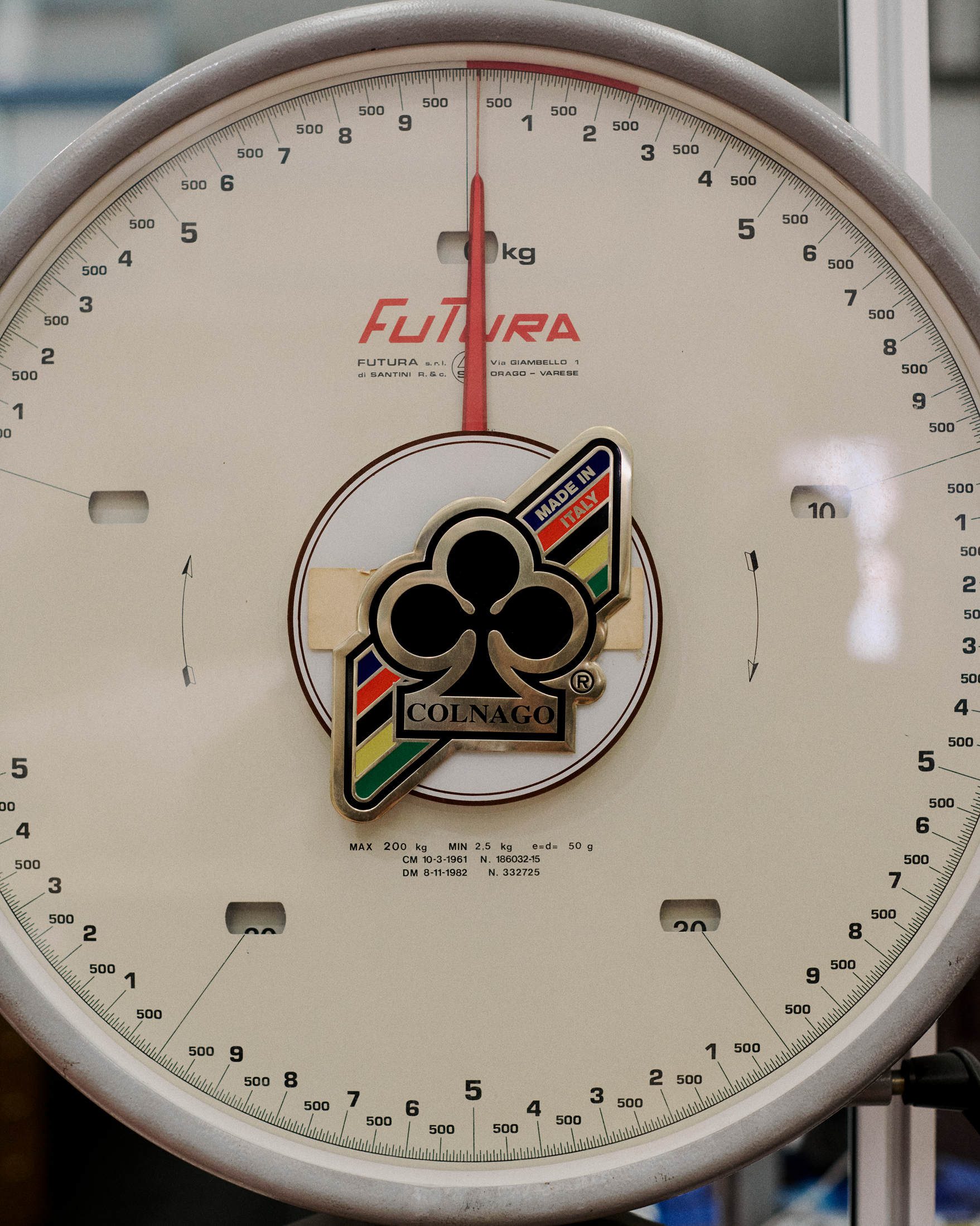 Vintage Futura scale with Colnago logo badge showing cycling heritage craftsmanship