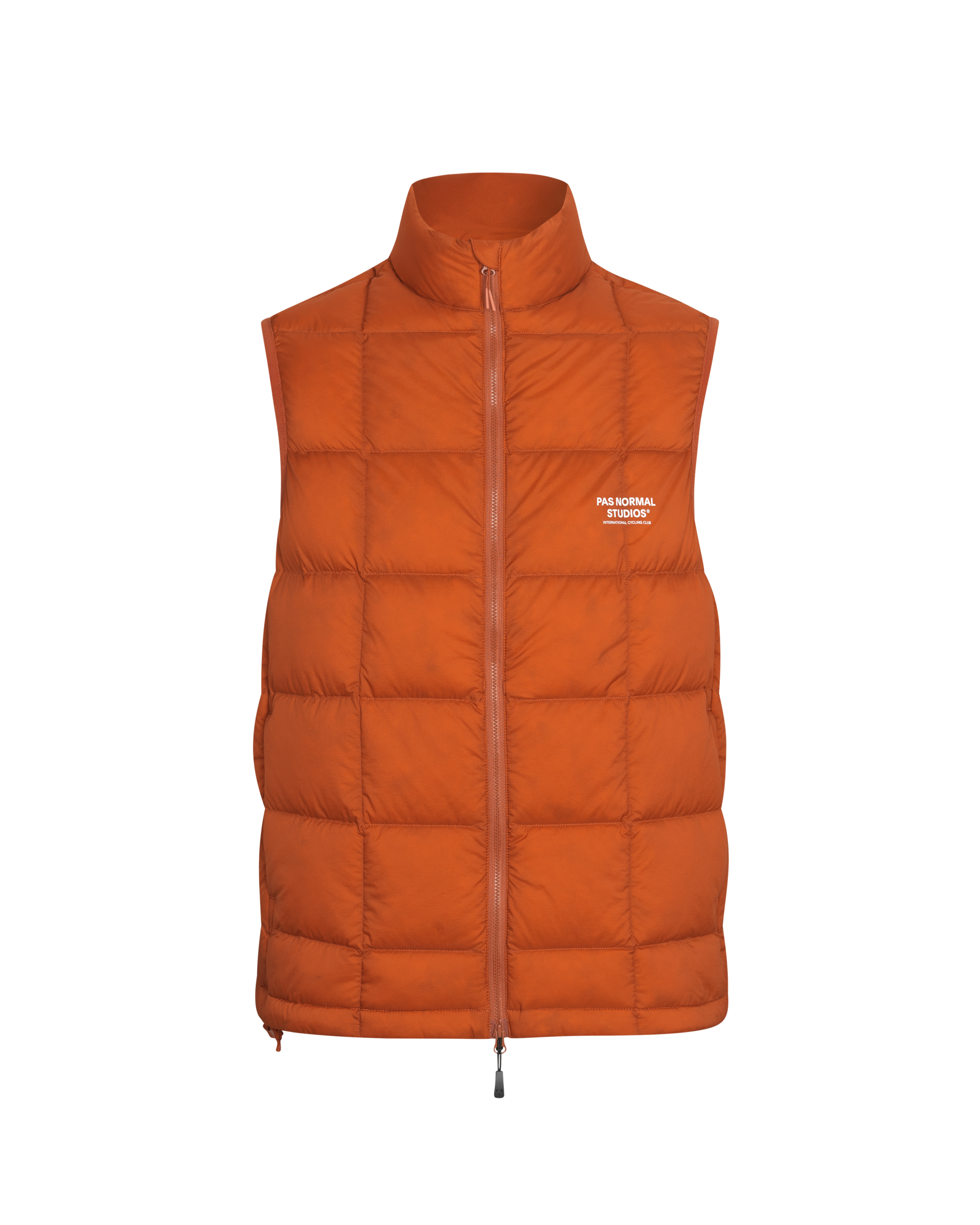 Orange Off-Race Down vest, front view with quilted panels and white chest logo
