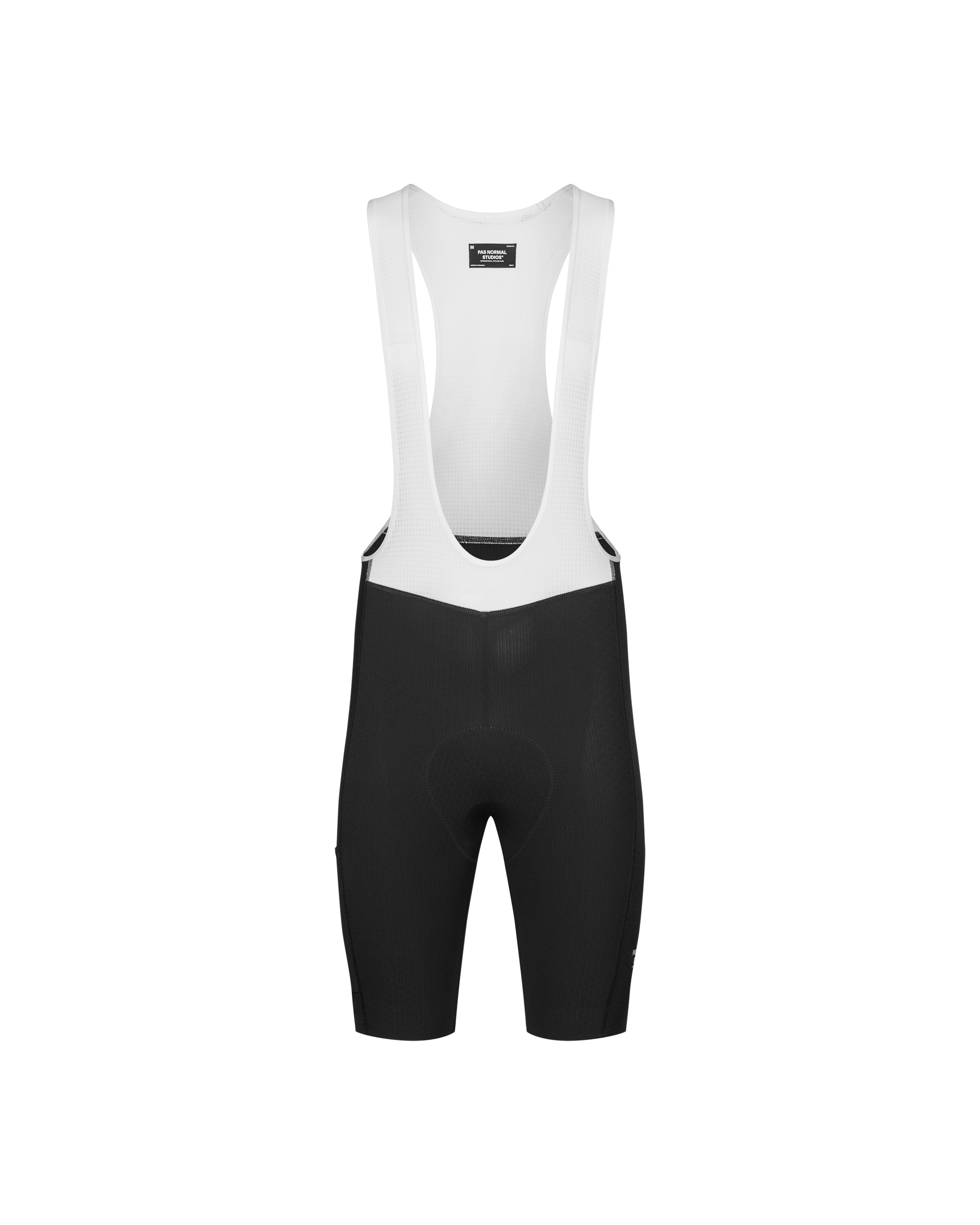 Black Essential Light Cargo cycling bibs, front flat lay with white mesh bib straps