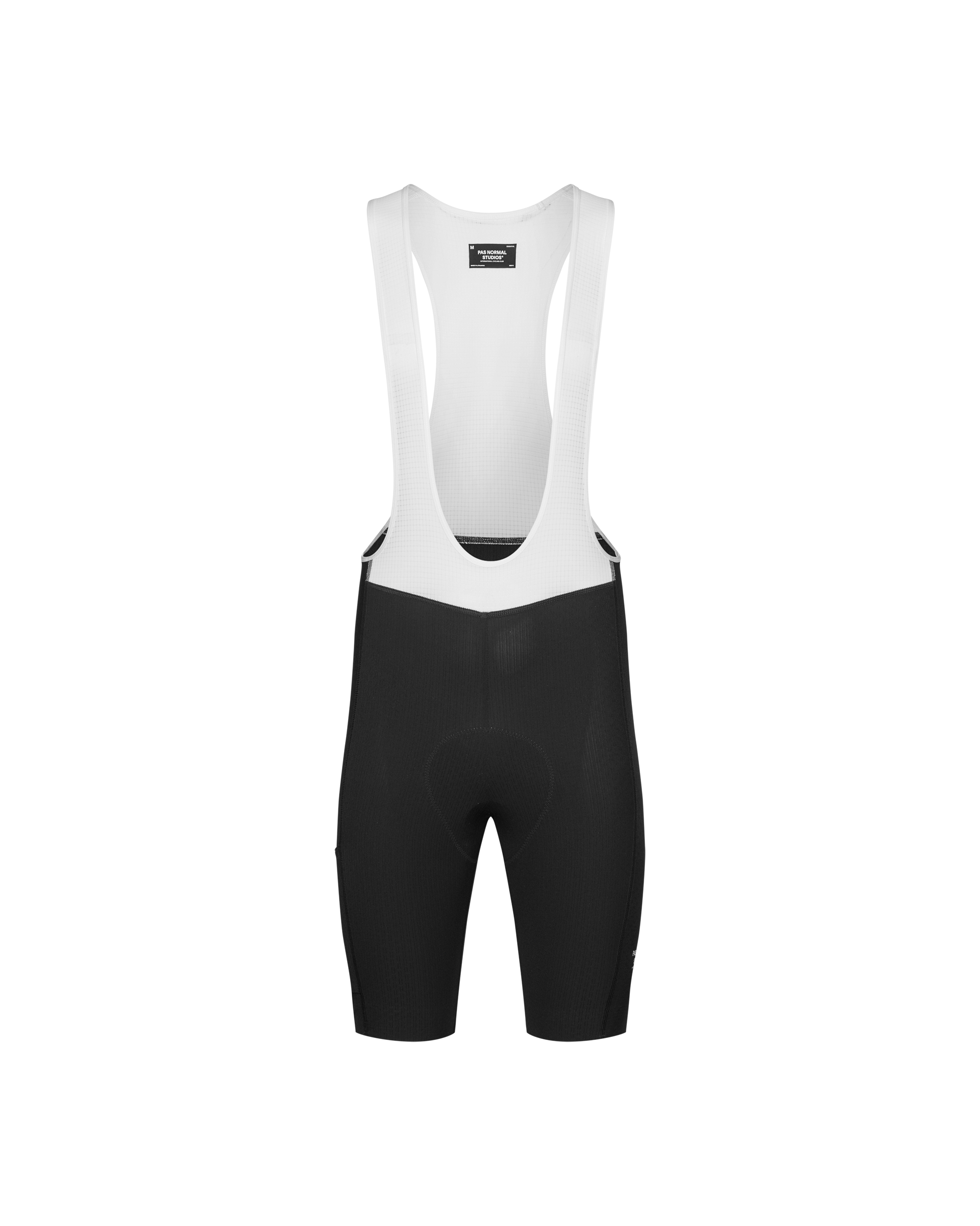 Black Essential Light Cargo cycling bibs, front flat lay with white mesh bib straps