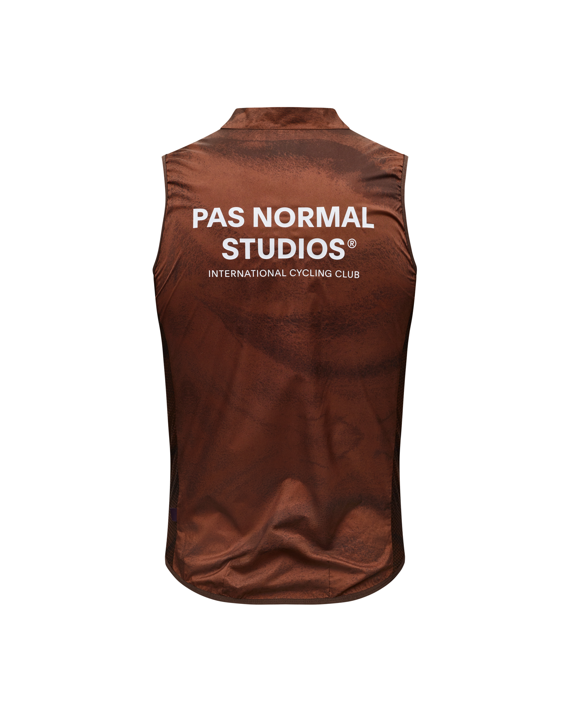 Brown Mechanism Stow Away gilet, rear view with white back print
