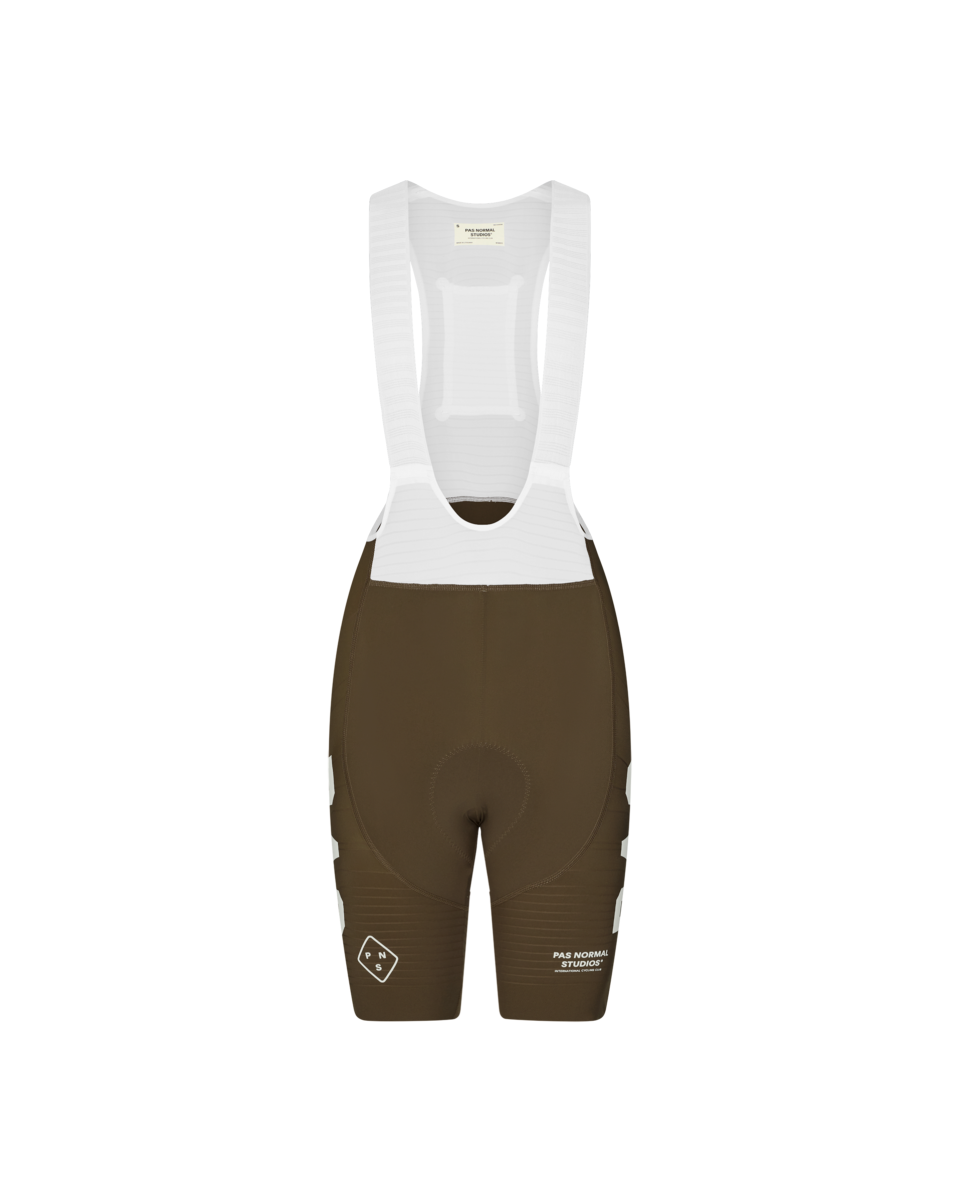 Dark Earth brown PAS Mechanism Pro women's cycling bibs, front flat lay with white bib straps and side logo print