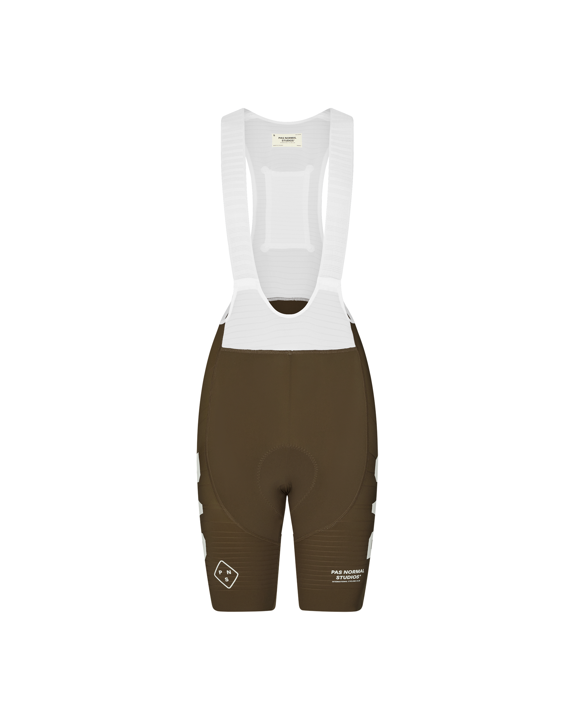 Dark Earth brown PAS Mechanism Pro women's cycling bibs, front flat lay with white bib straps and side logo print