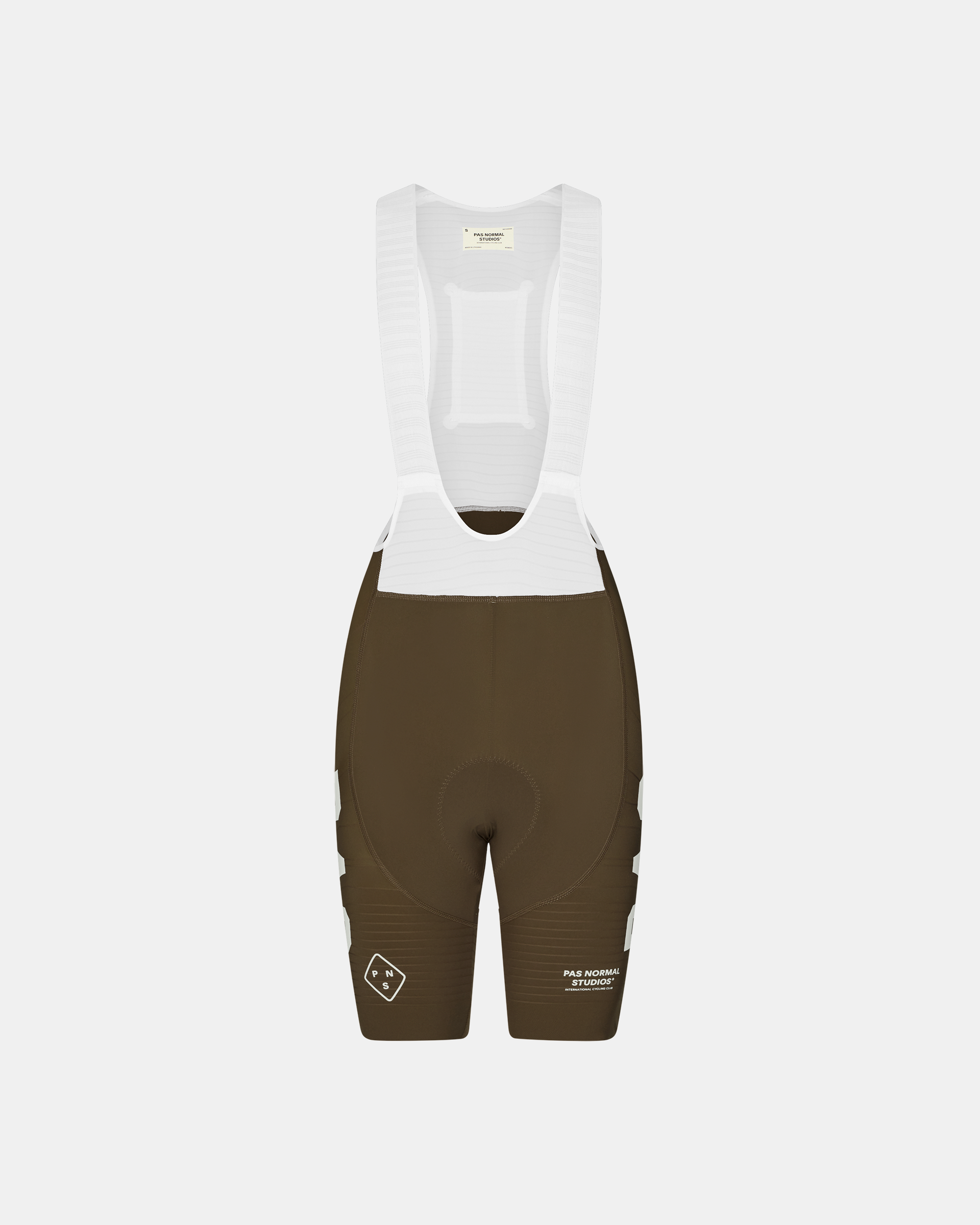 Dark Earth brown PAS Mechanism Pro women's cycling bibs, front flat lay with white bib straps and side logo print