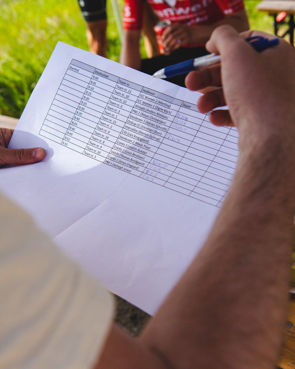 Cyclist filling out race timing sheet at outdoor cycling event