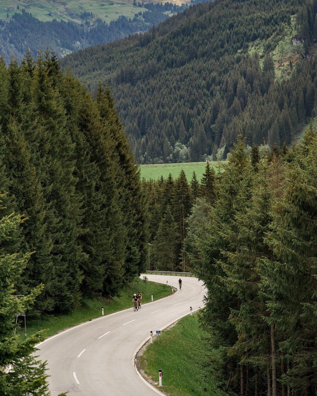 Cyclists on winding mountain road through forested valley in Austria