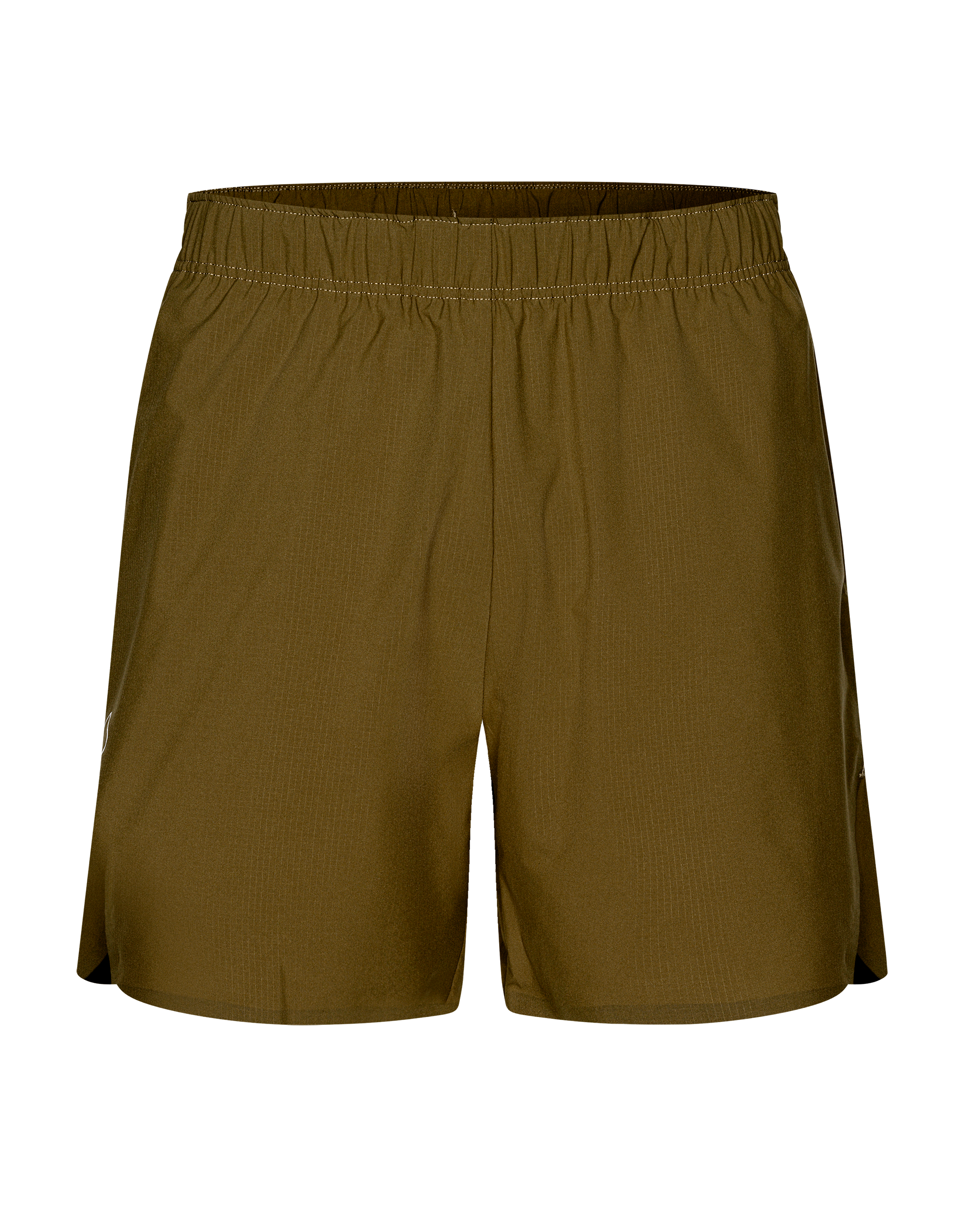 Moss Brown Balance shorts, front flat lay with elastic waistband and side slits