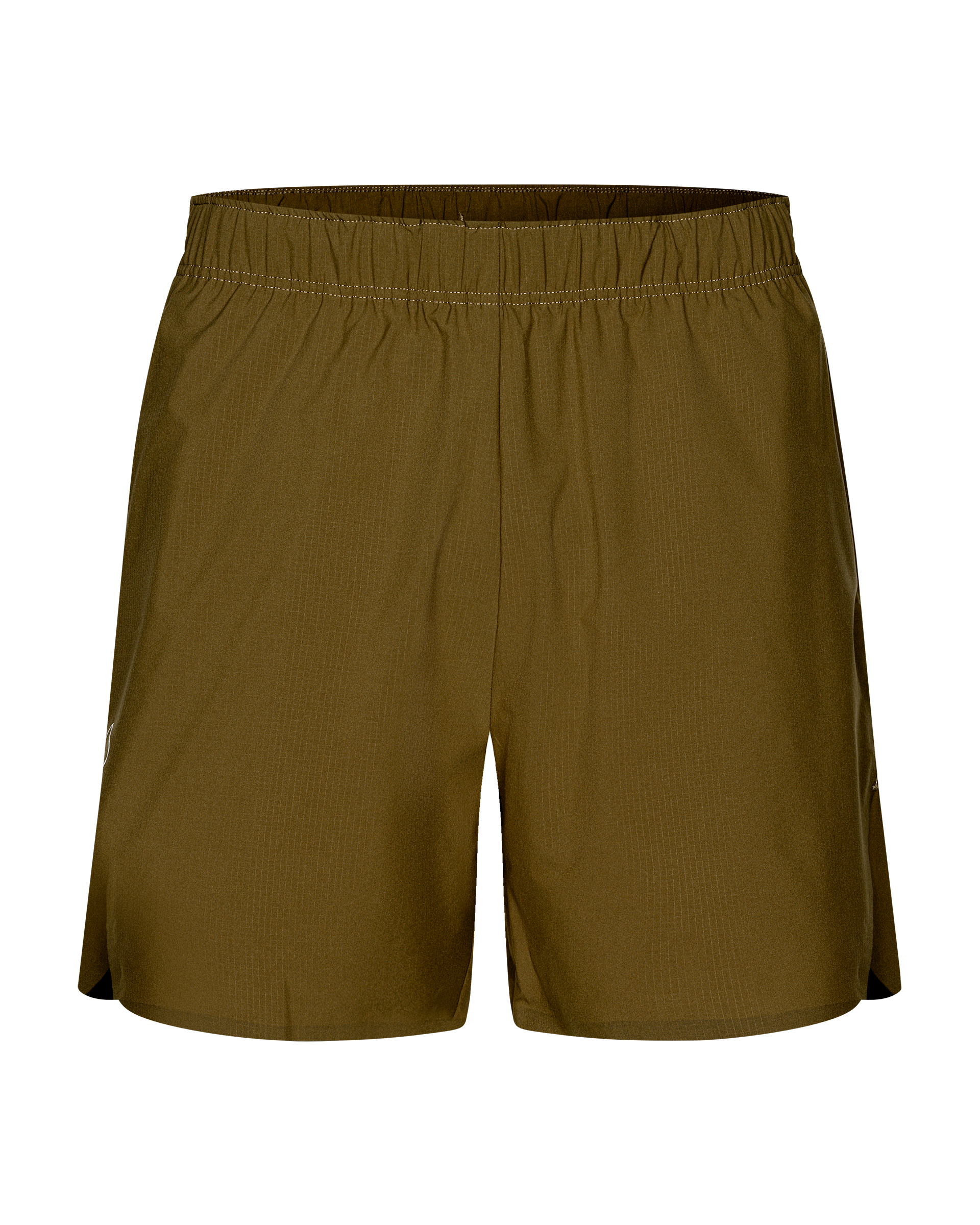 Moss Brown Balance shorts, front flat lay with elastic waistband and side slits