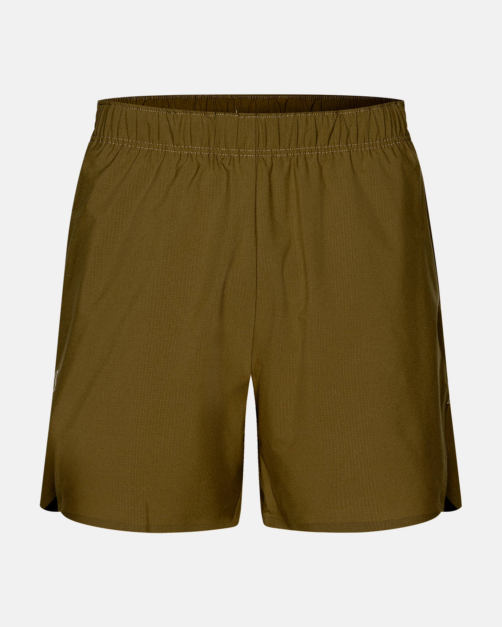 Moss Brown Balance shorts, front flat lay with elastic waistband and side slits