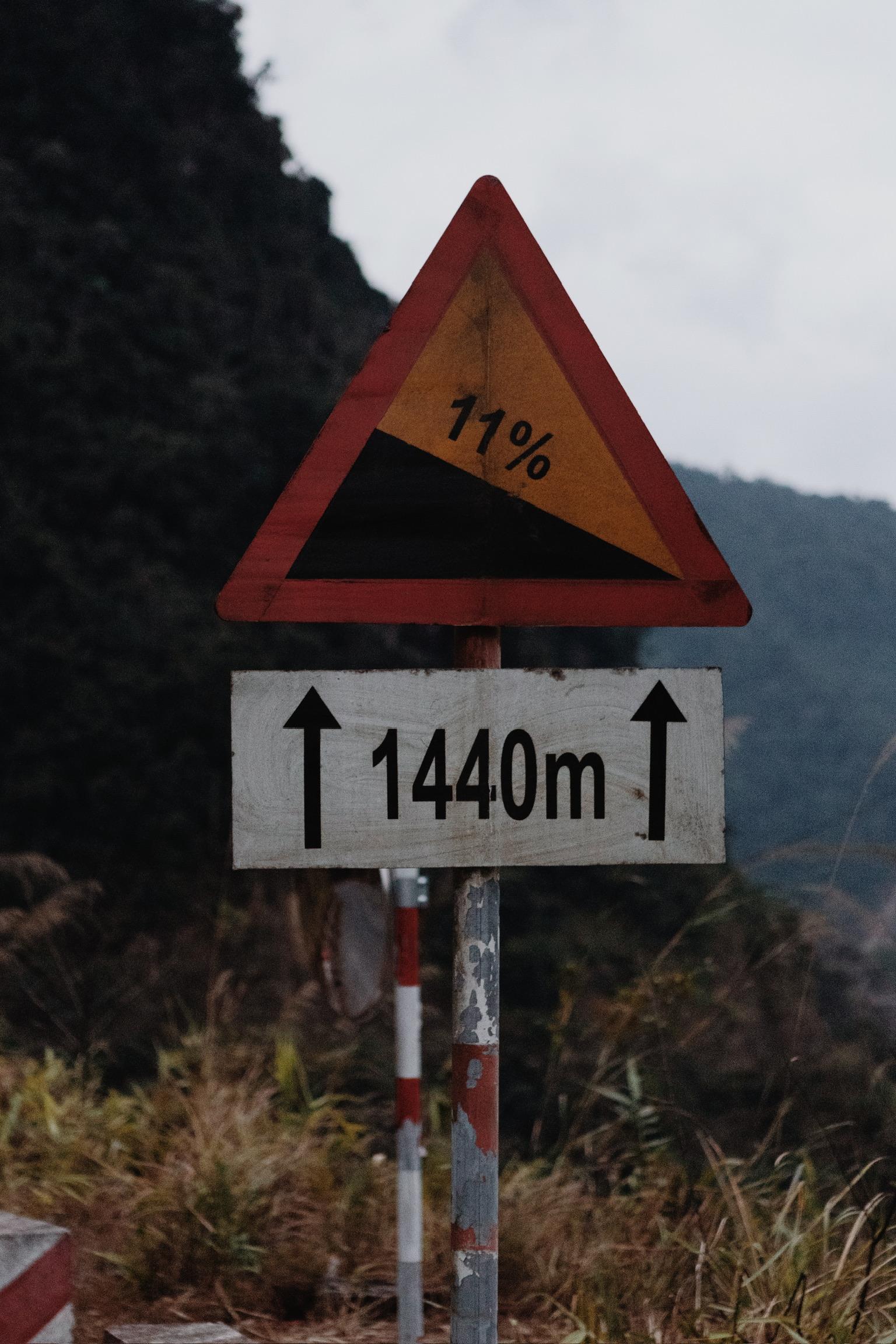 Road signs showing 11% gradient and 1440m elevation in mountain landscape