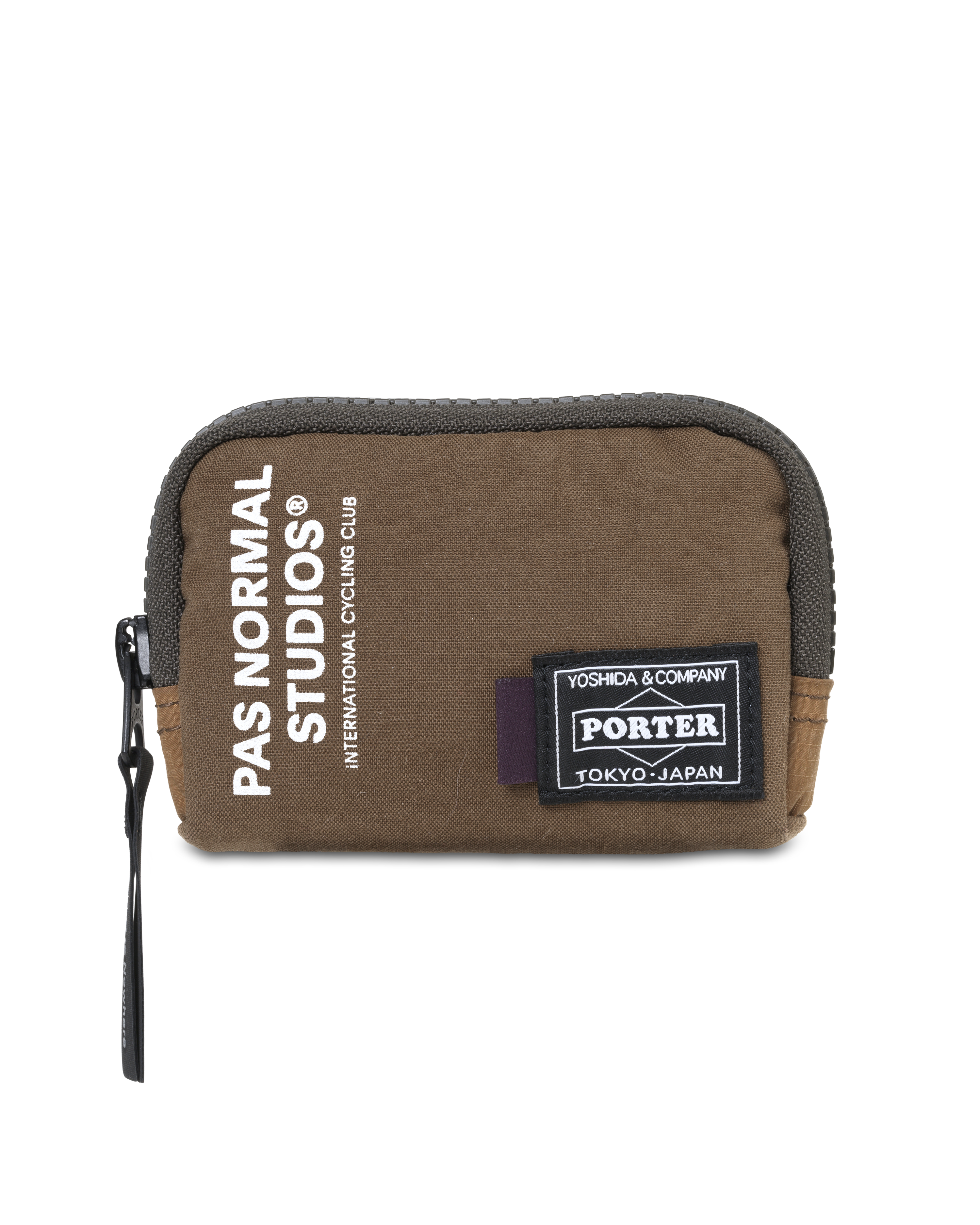 Light Brown Porter-Yoshida coin case, front flat lay with white logo print and Porter badge patch