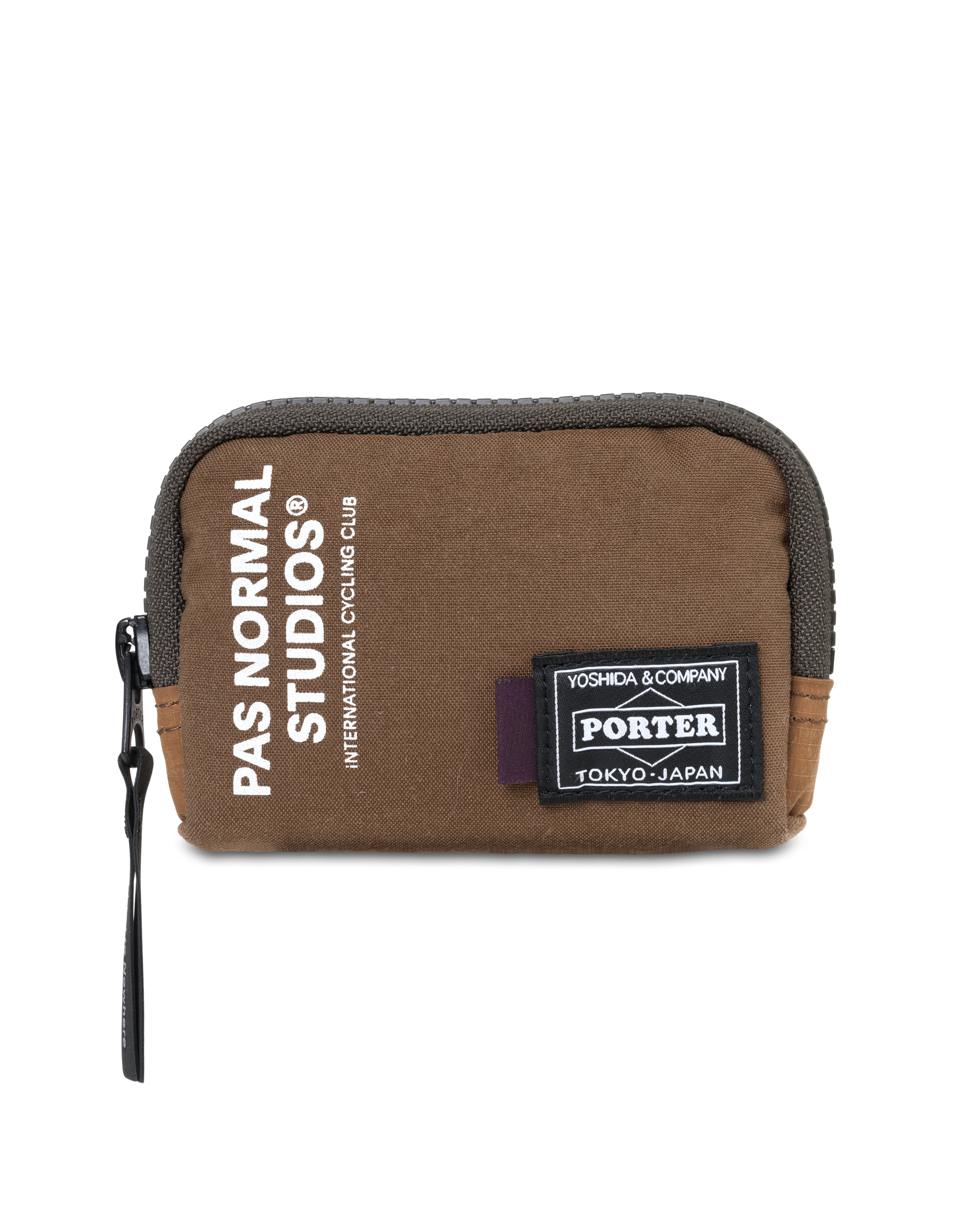 Light Brown Porter-Yoshida coin case, front flat lay with white logo print and Porter badge patch