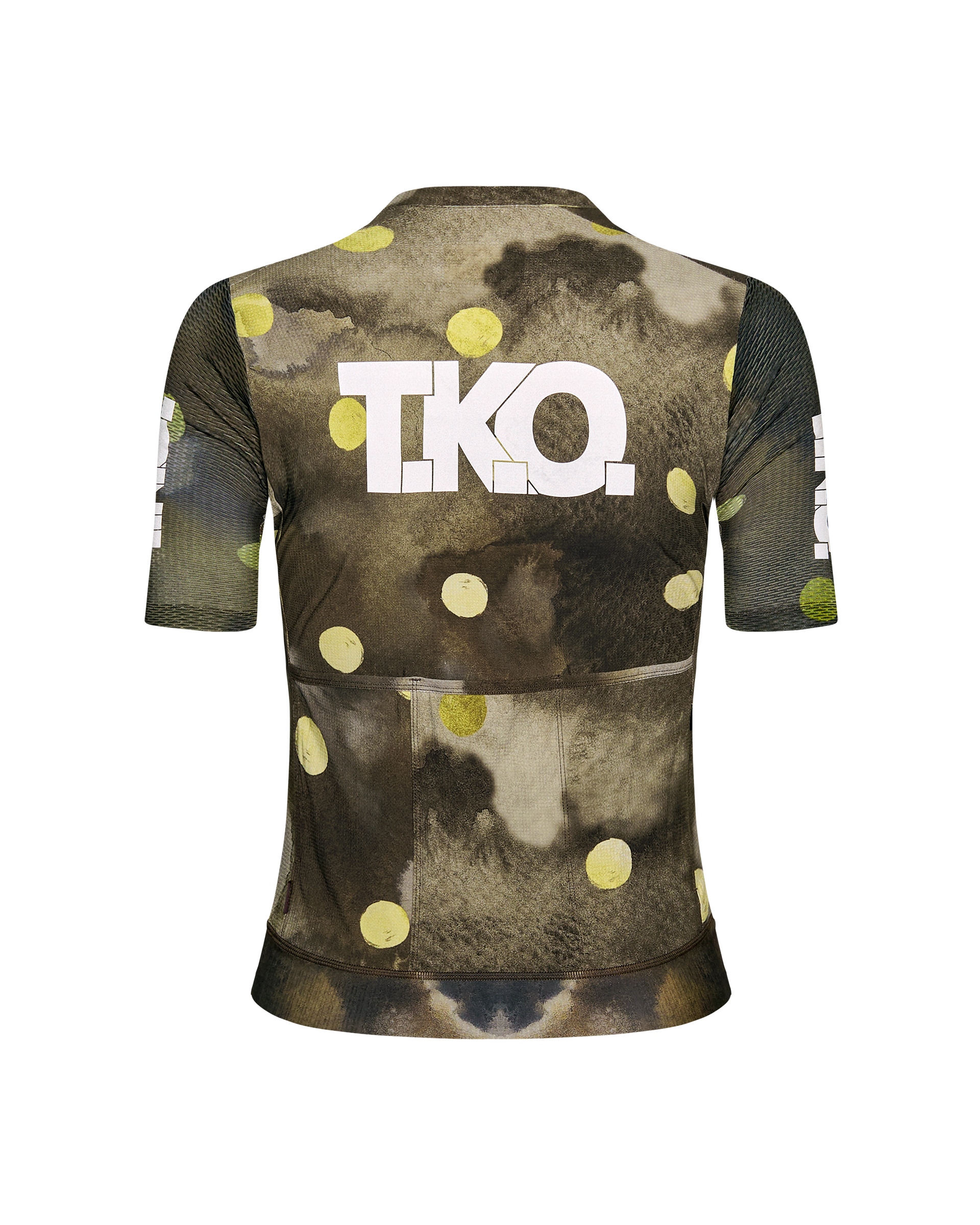 Moss Green T.K.O. Essential Light cycling jersey, rear view with yellow polka dot pattern and white logo