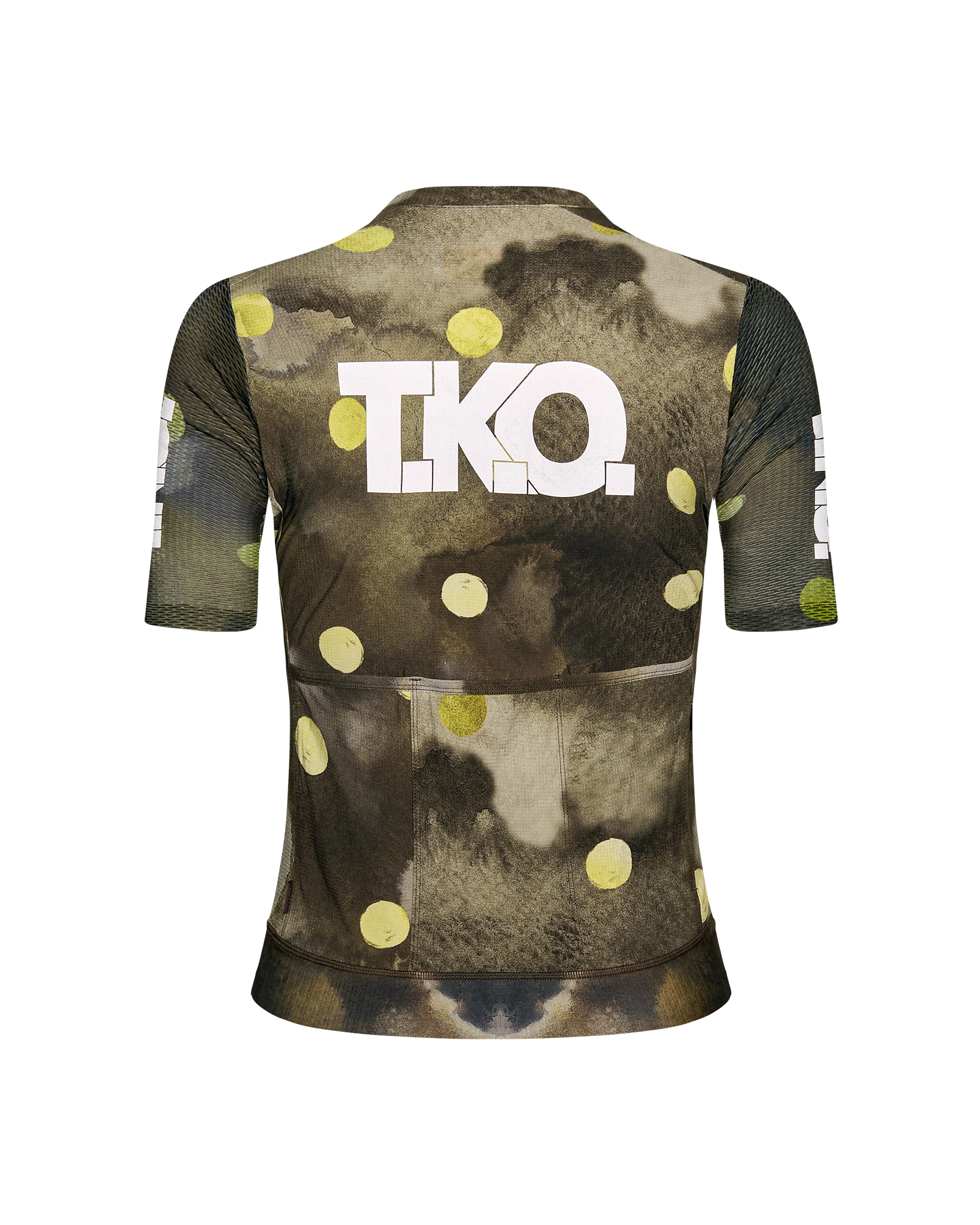 Moss Green T.K.O. Essential Light cycling jersey, rear view with yellow polka dot pattern and white logo