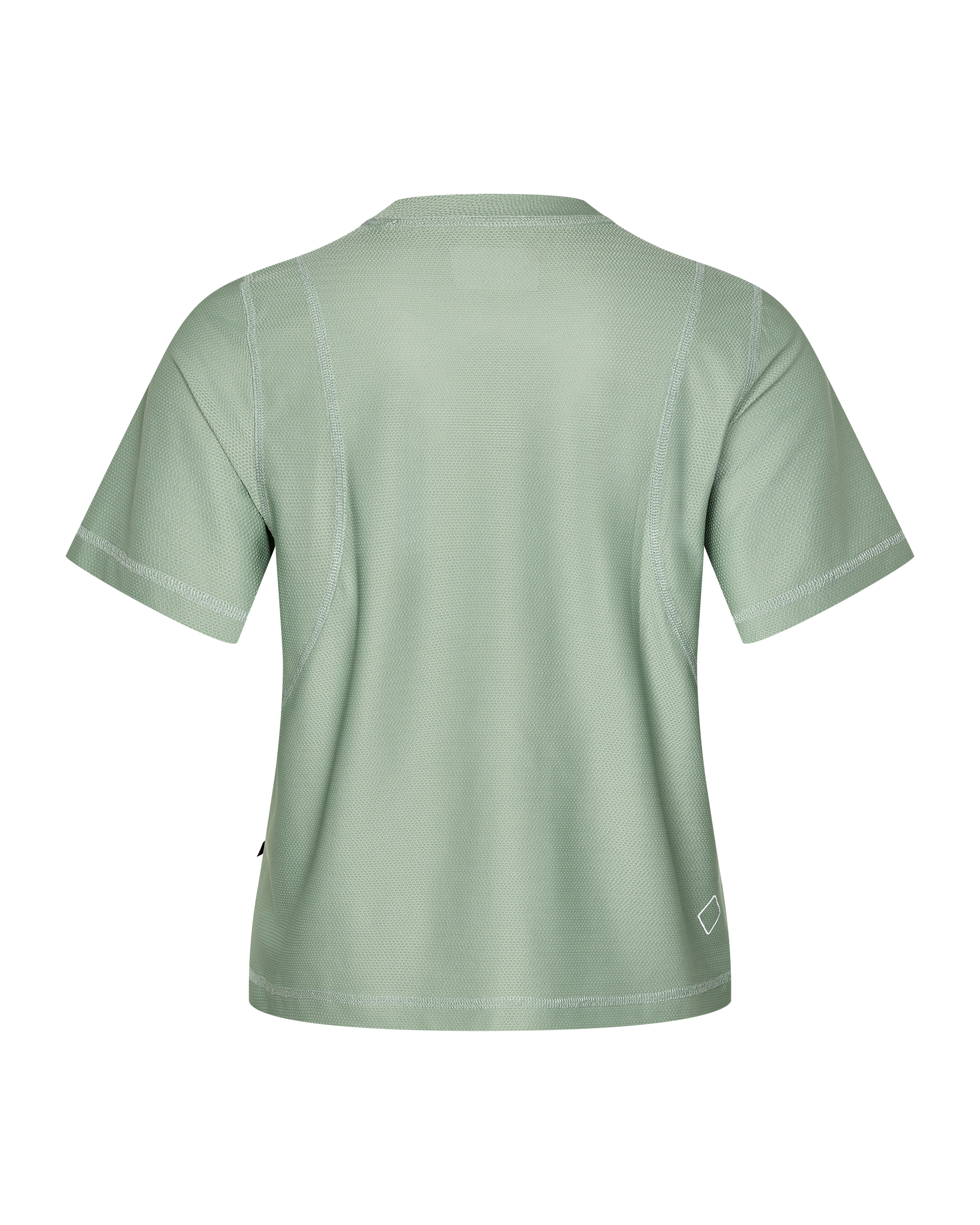 Green Sage Balance women's T-shirt, rear flat lay with contrast seam stitching